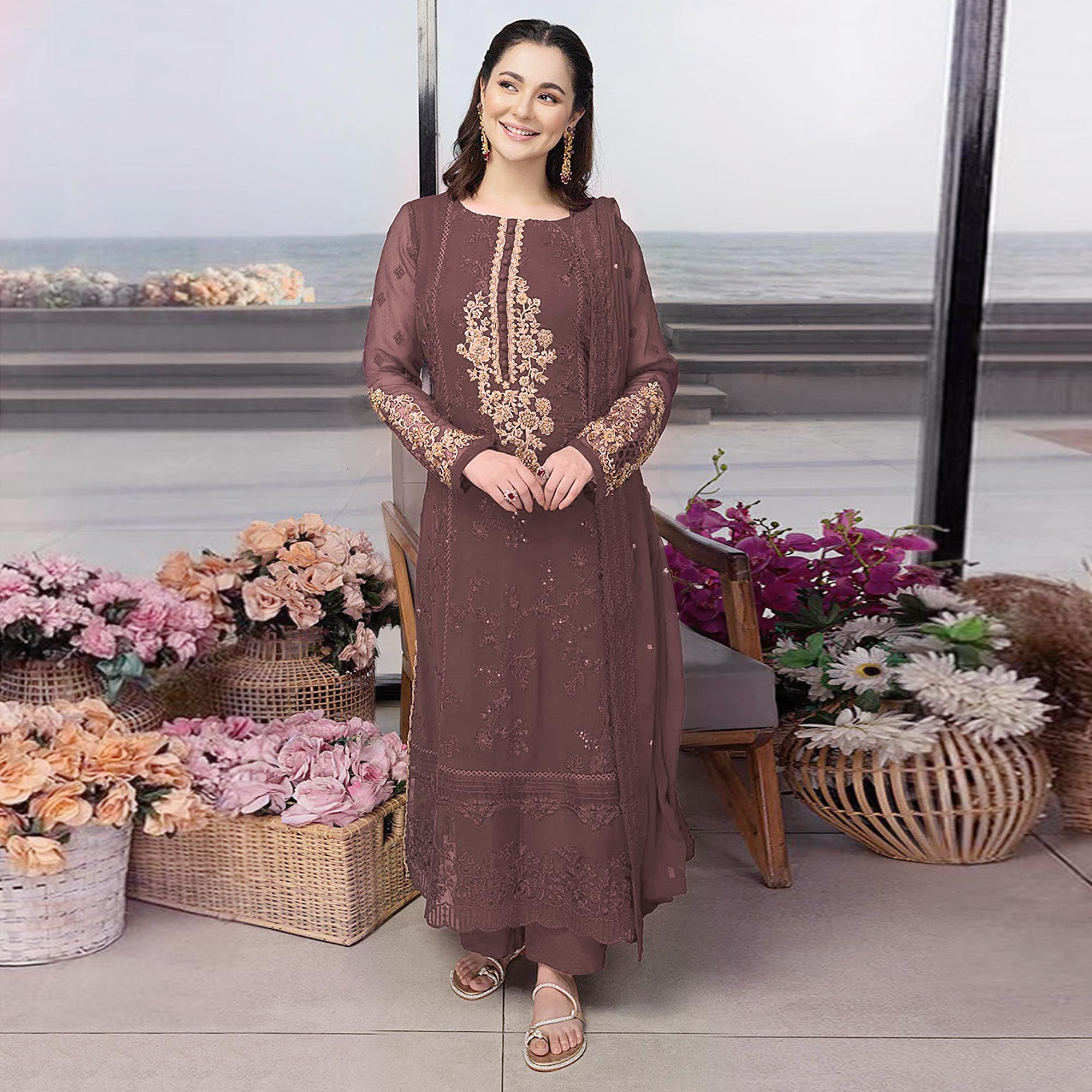 Mauve Floral Embroidered Georgette Semi Stitched Pakistani Suit