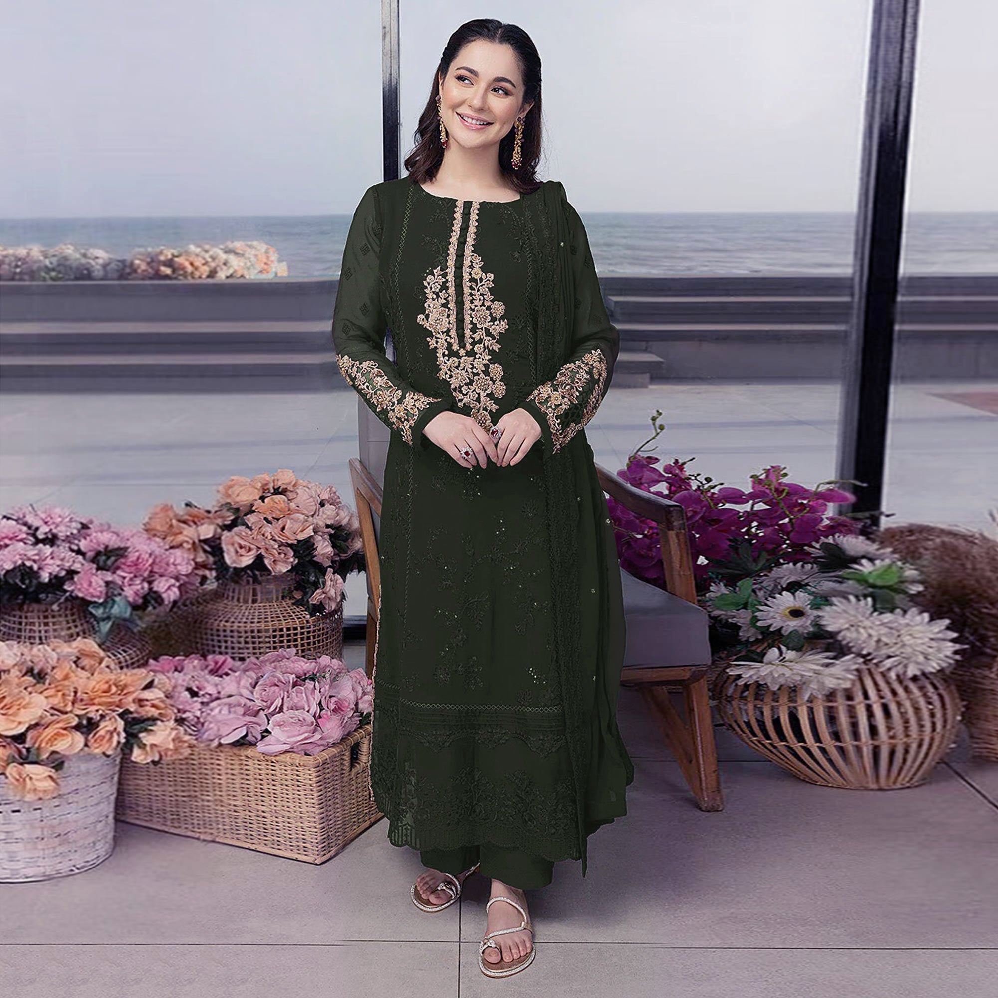 Green Floral Embroidered Georgette Semi Stitched Pakistani Suit