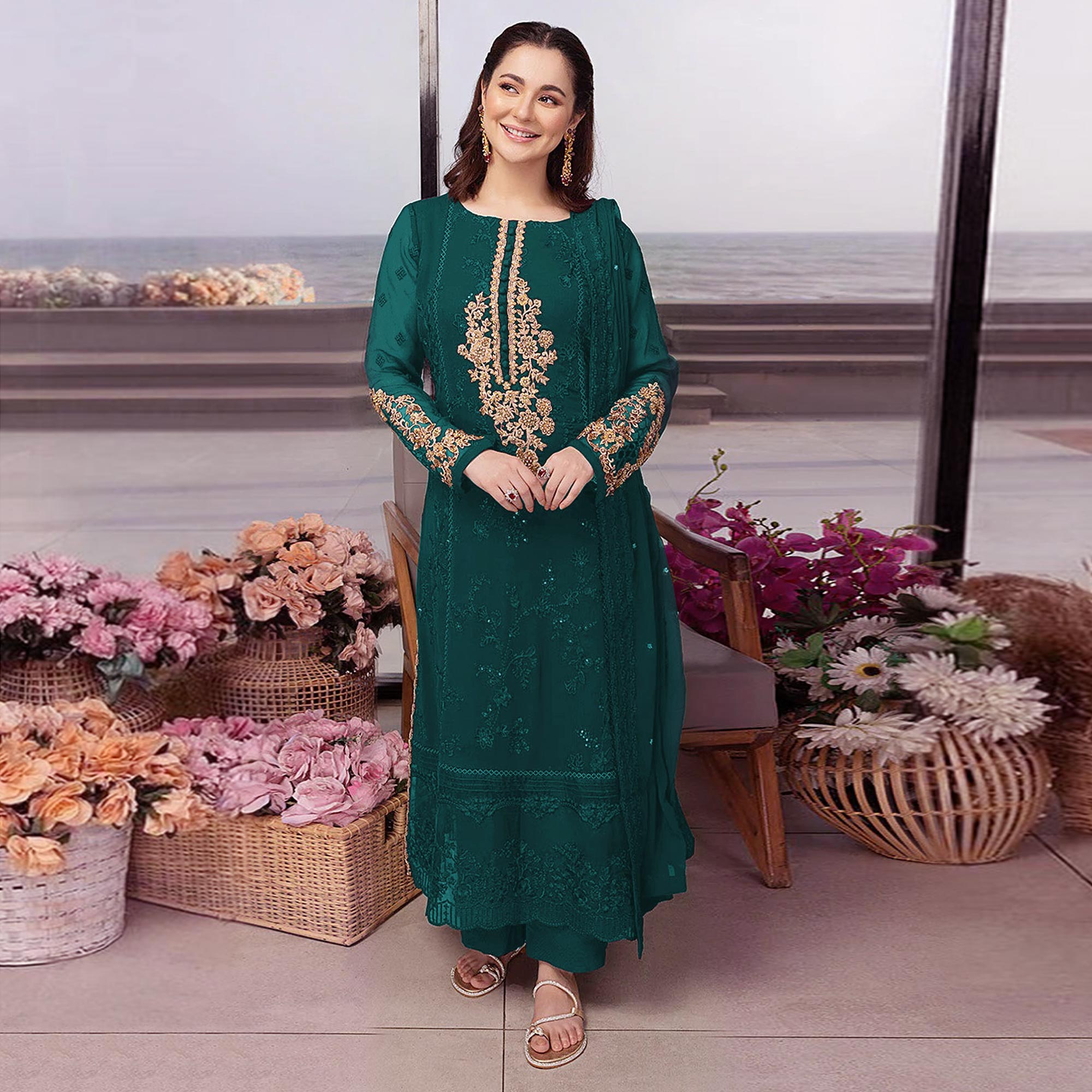 Teal Floral Embroidered Georgette Semi Stitched Pakistani Suit