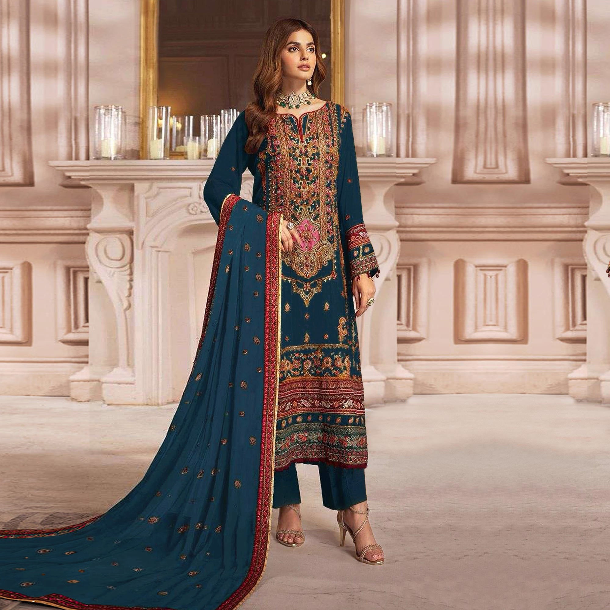 Teal Embroidered Georgette Pakistani Dress Material