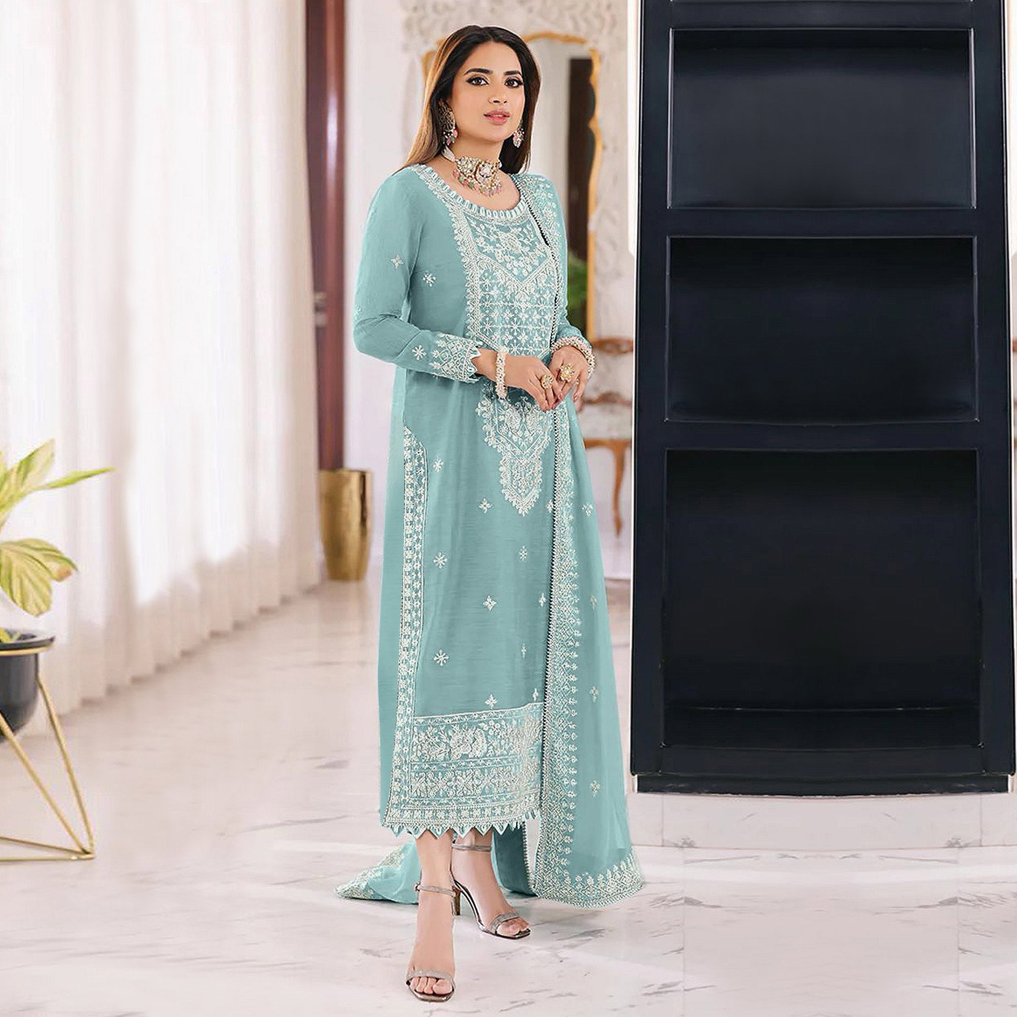 Sea Green Embroidered Organza Pakistani Semi Stitched Dress Material