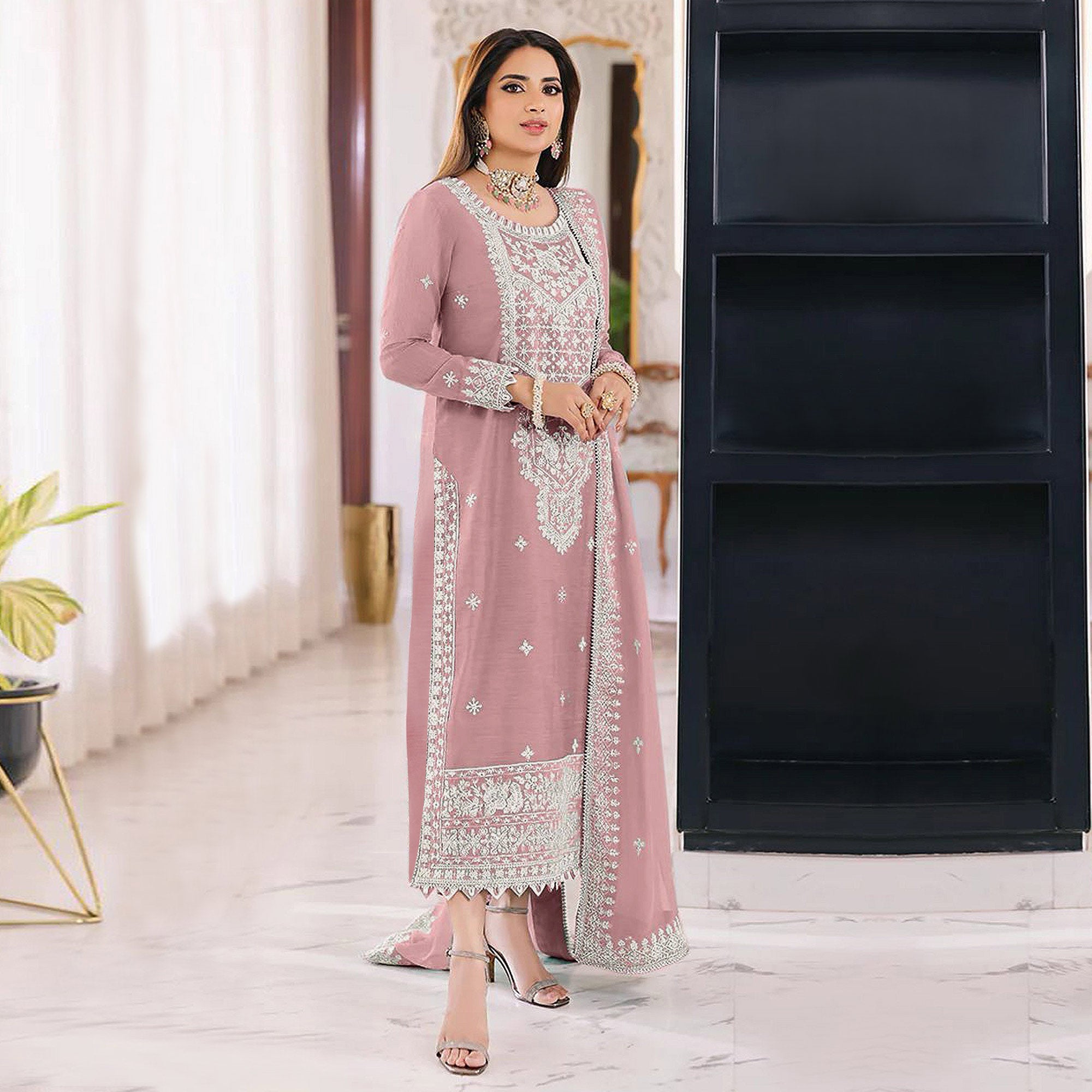 Pink Embroidered Organza Pakistani Semi Stitched Dress Material