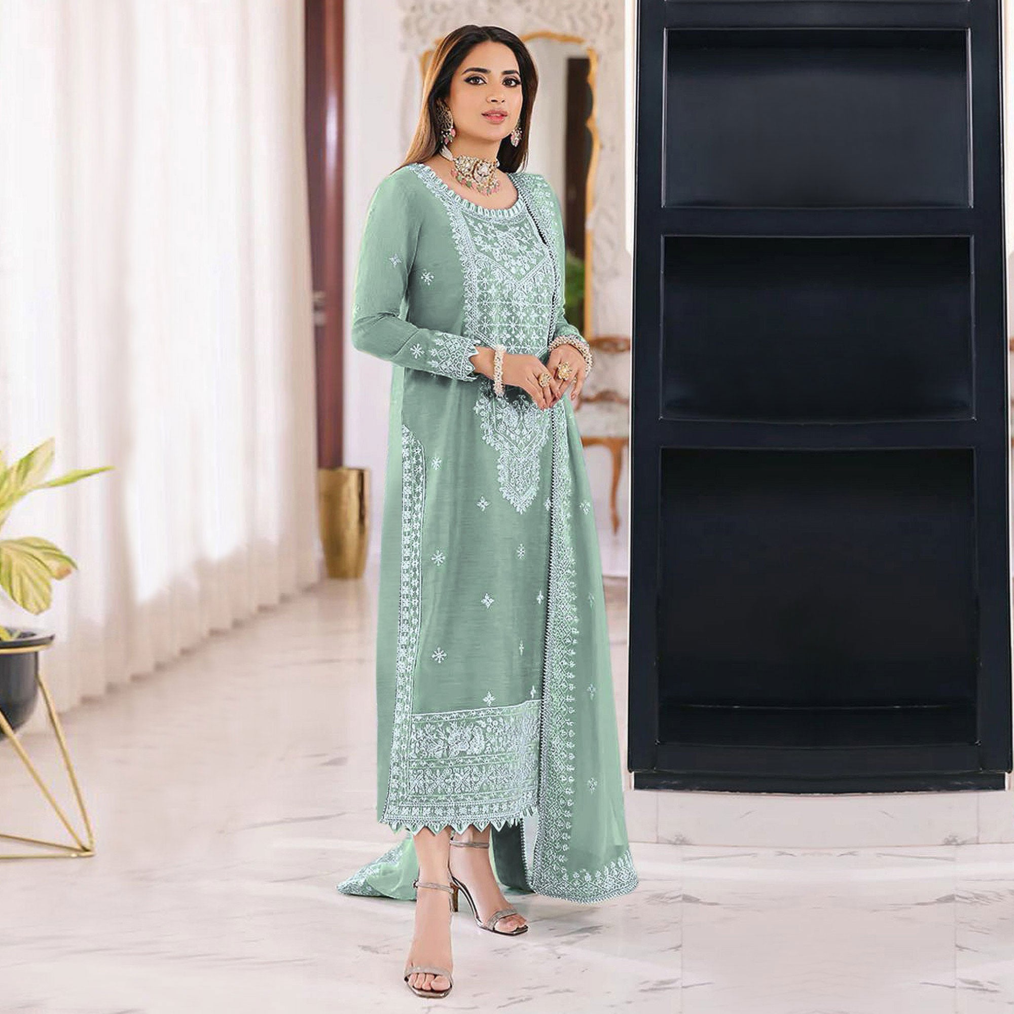 Green Embroidered Organza Pakistani Semi Stitched Dress Material