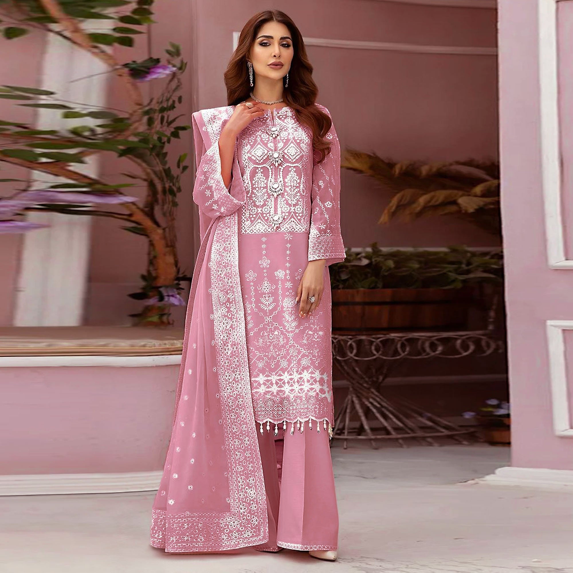 Light Pink Embroidered Organza Pakistani Semi Stitched Dress Material