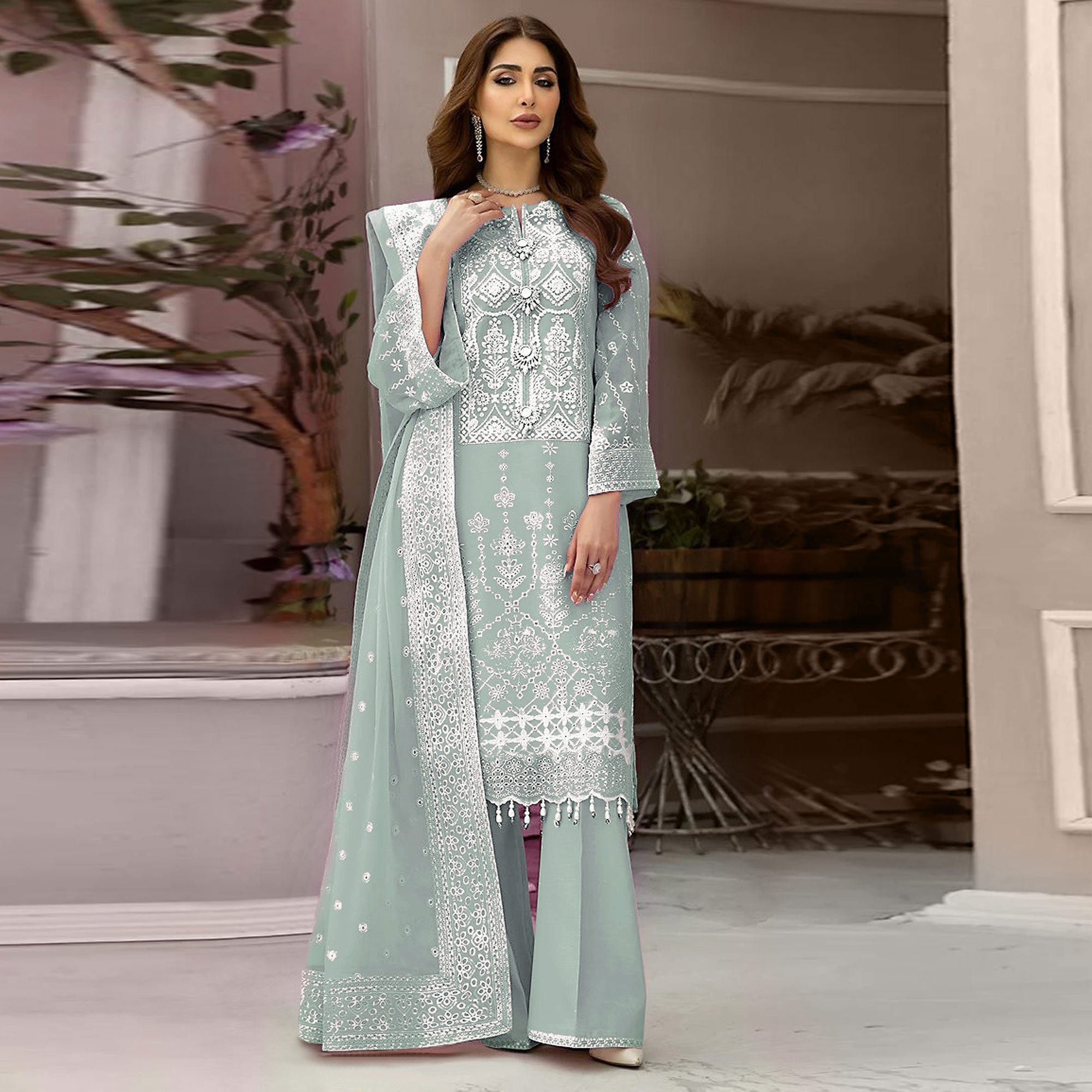 Sea Green Embroidered Organza Pakistani Semi Stitched Dress Material