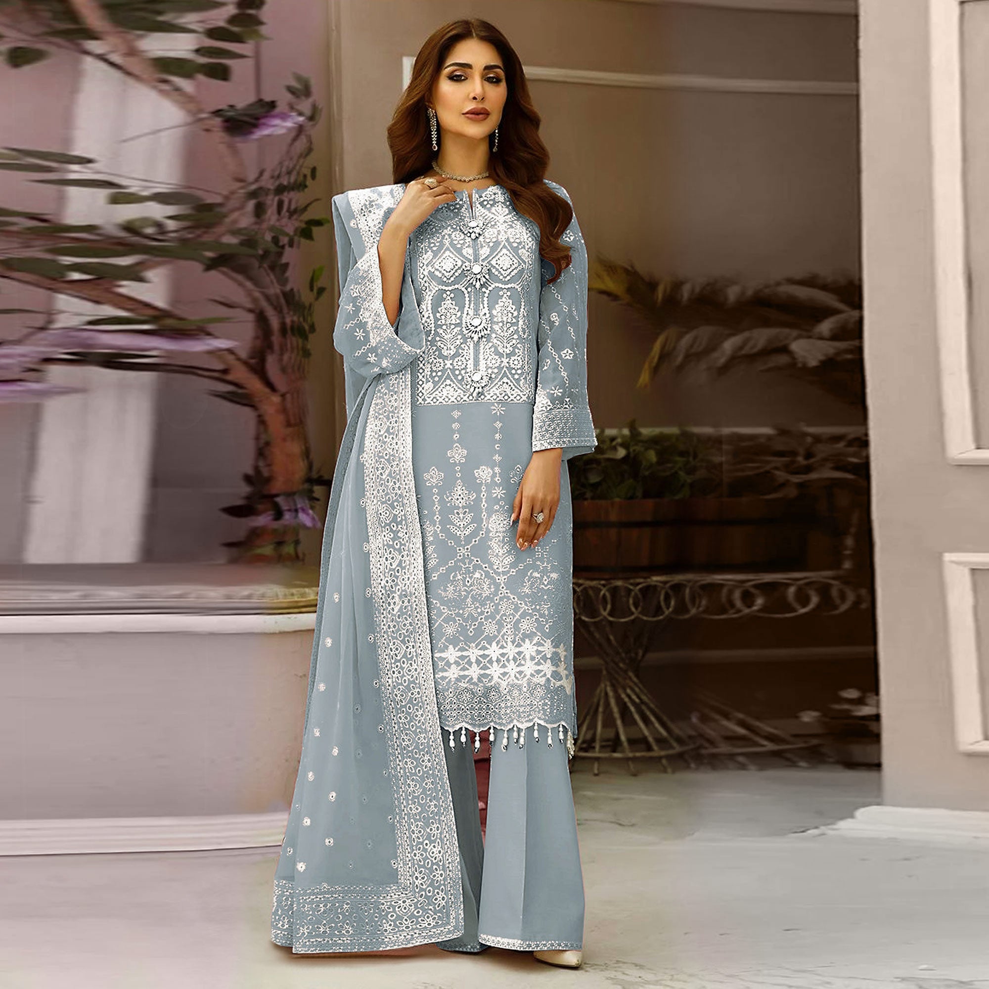 Sky Blue Embroidered Organza Pakistani Semi Stitched Dress Material