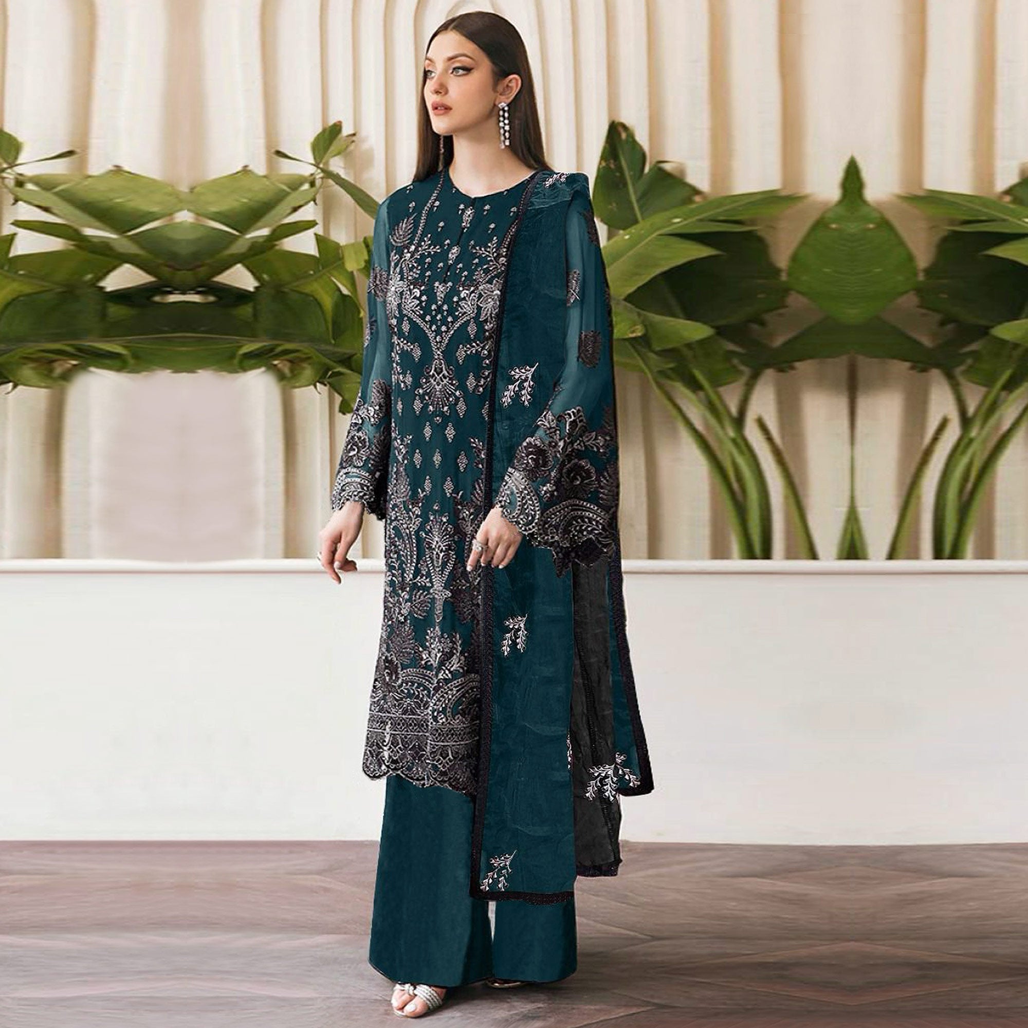 Teal Embroidered Georgette Pakistani Semi Stitched Dress Material