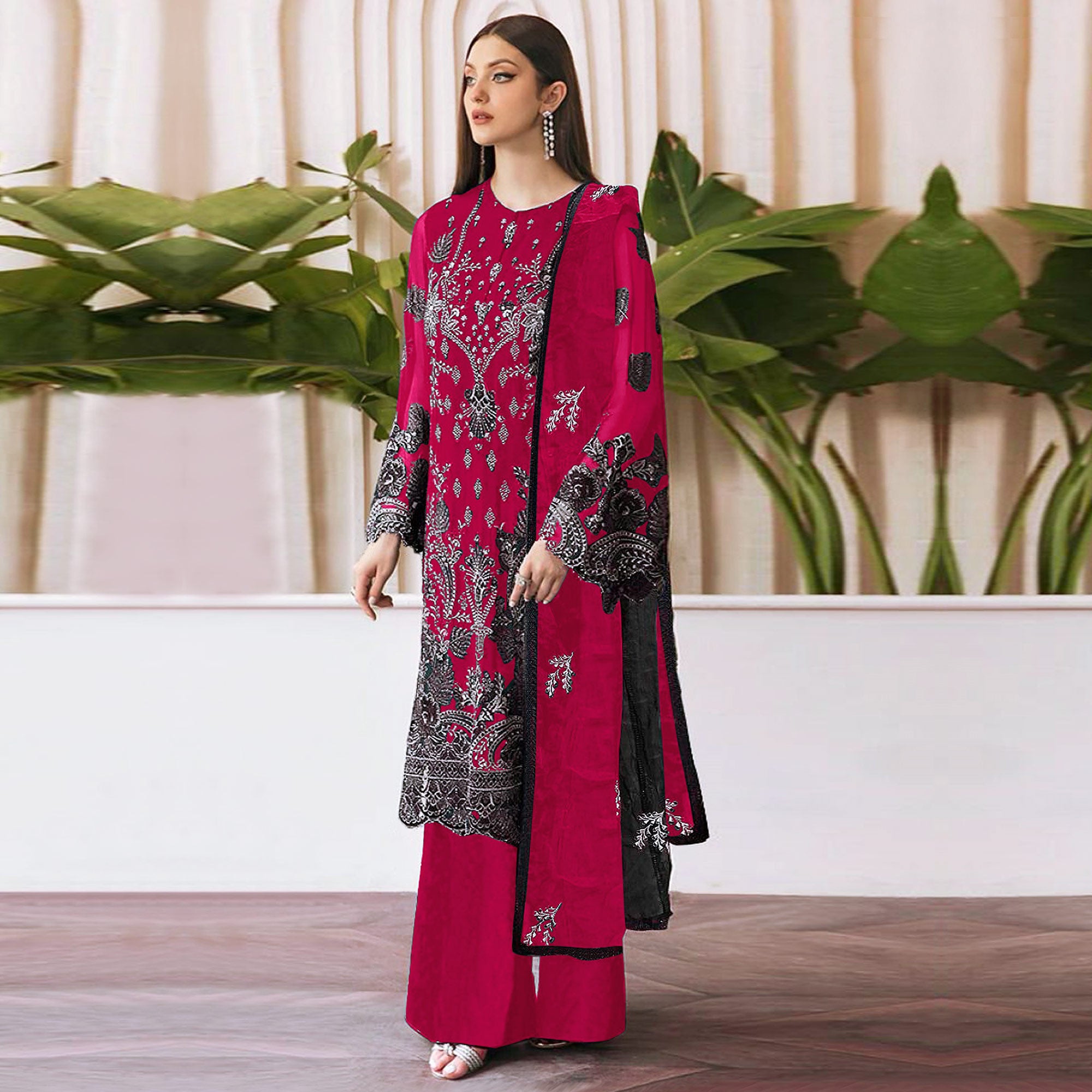 Magenta Embroidered Georgette Pakistani Semi Stitched Dress Material