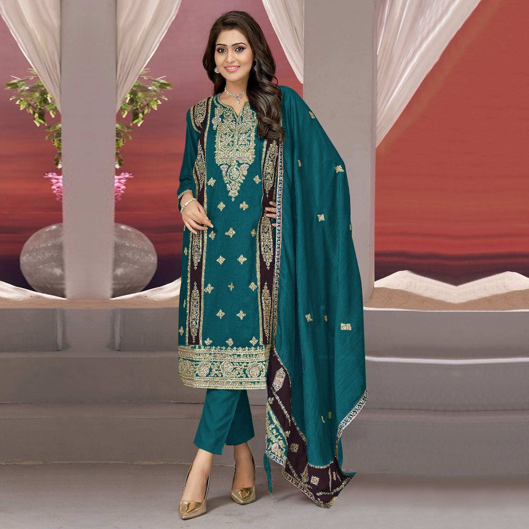 Teal Floral Embroidered Vichitra Silk Semi Stitched Pakistani Suit