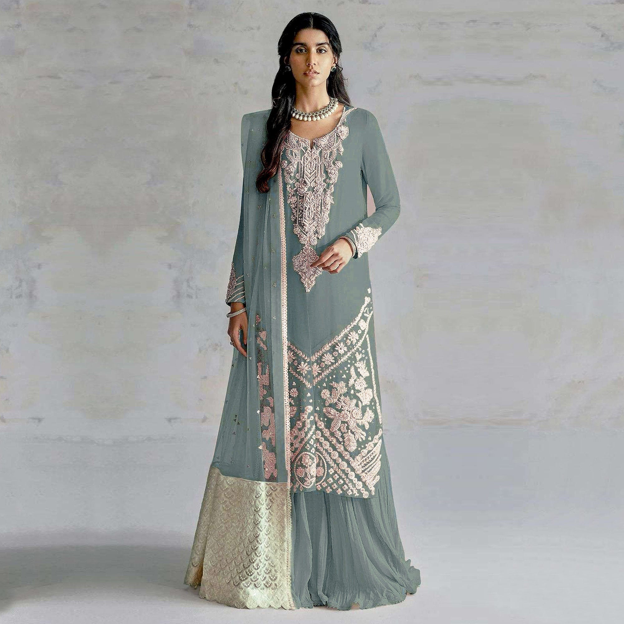 Sky Blue Embroidered Georgette Pakistani Dress Material