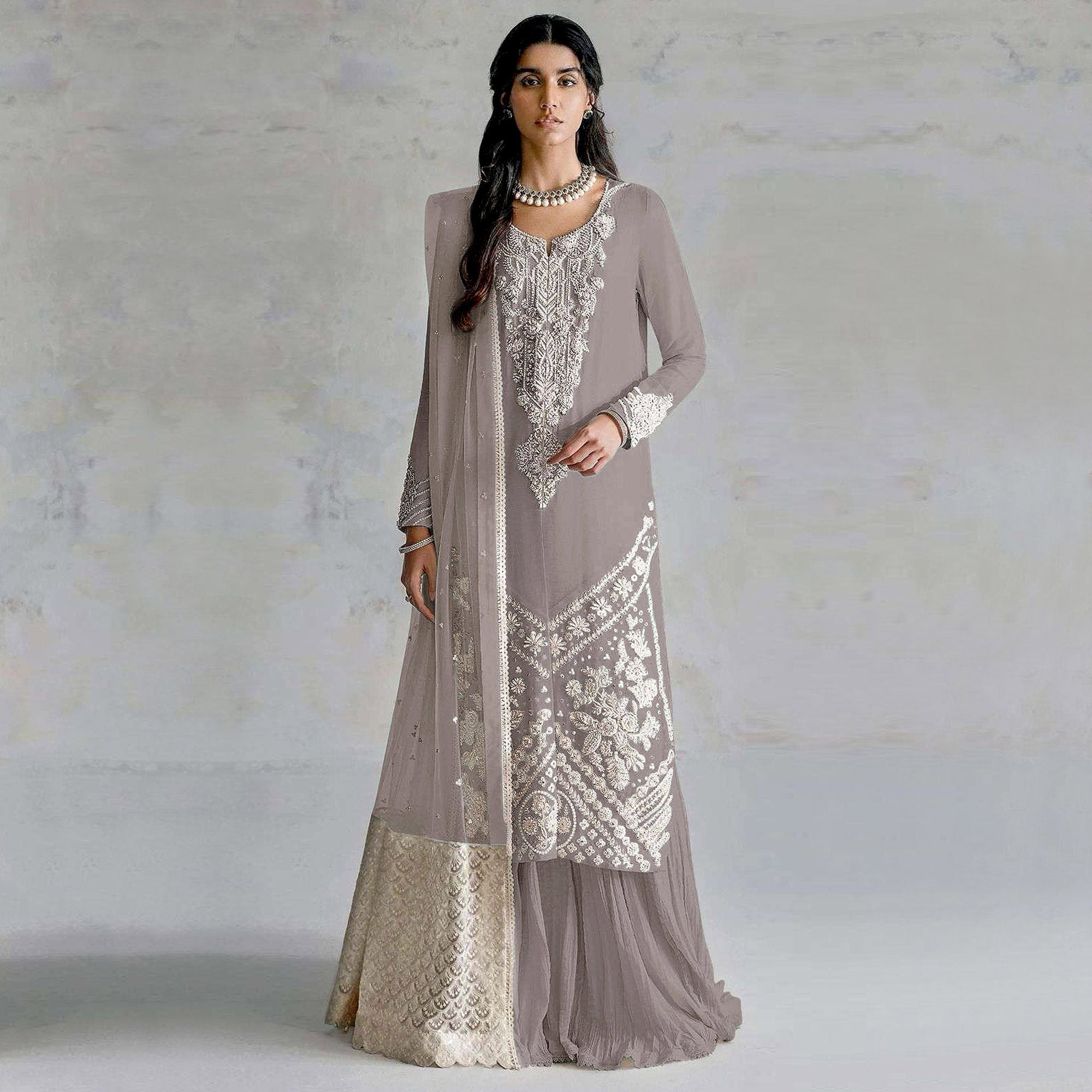 Light Grey Embroidered Georgette Pakistani Dress Material