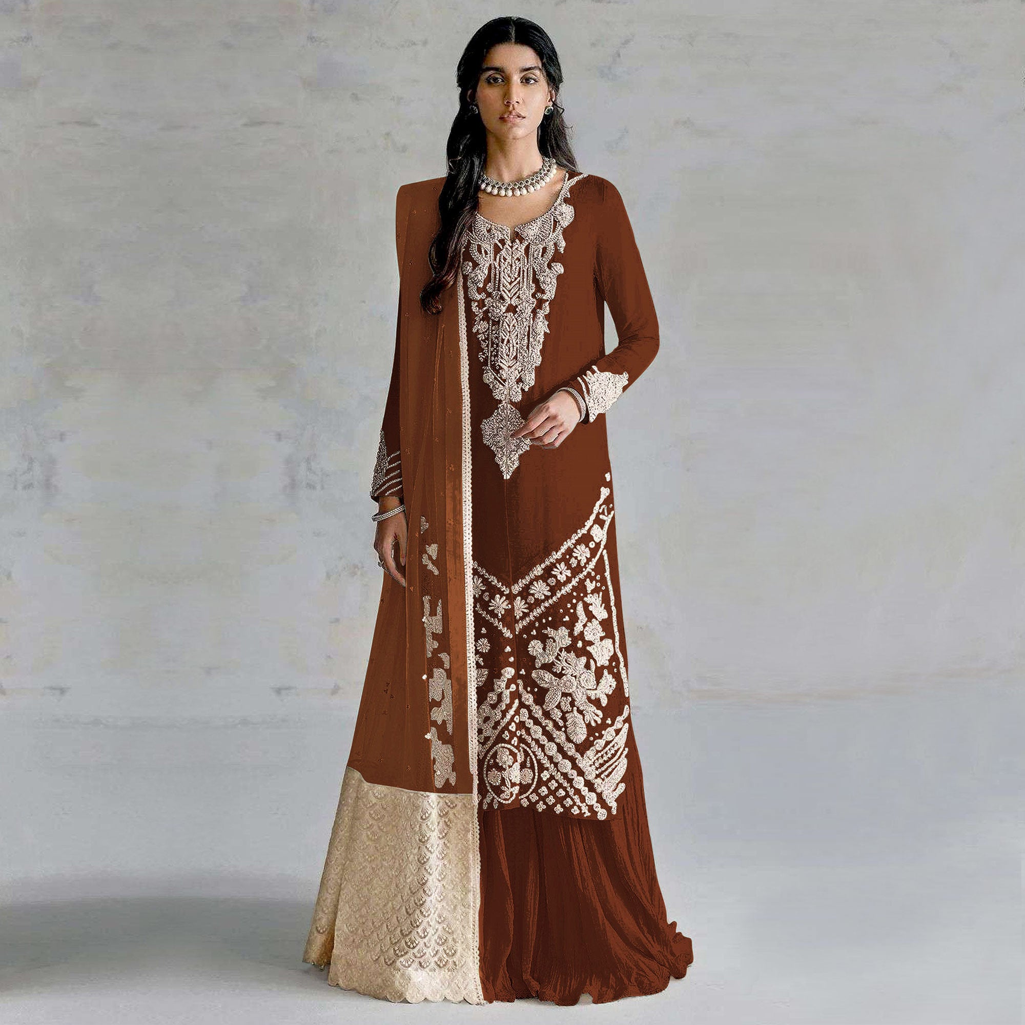 Brown Embroidered Georgette Pakistani Dress Material