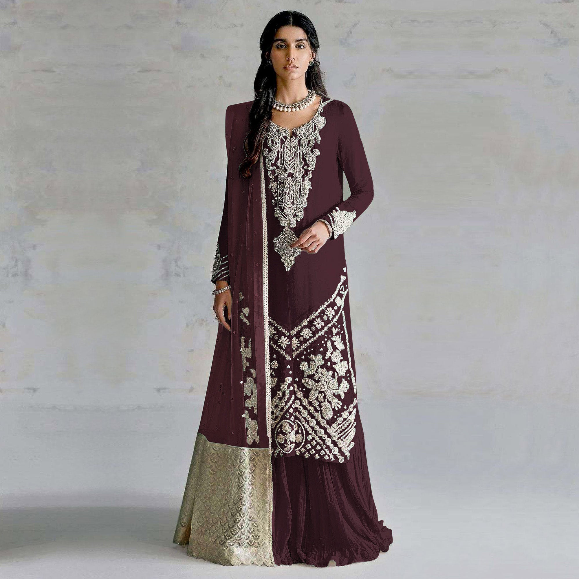 Wine Embroidered Georgette Pakistani Dress Material