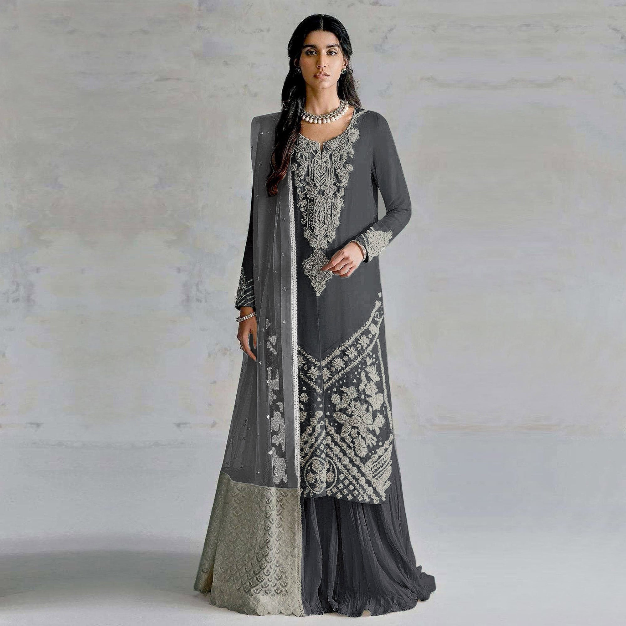 Grey Embroidered Georgette Pakistani Dress Material