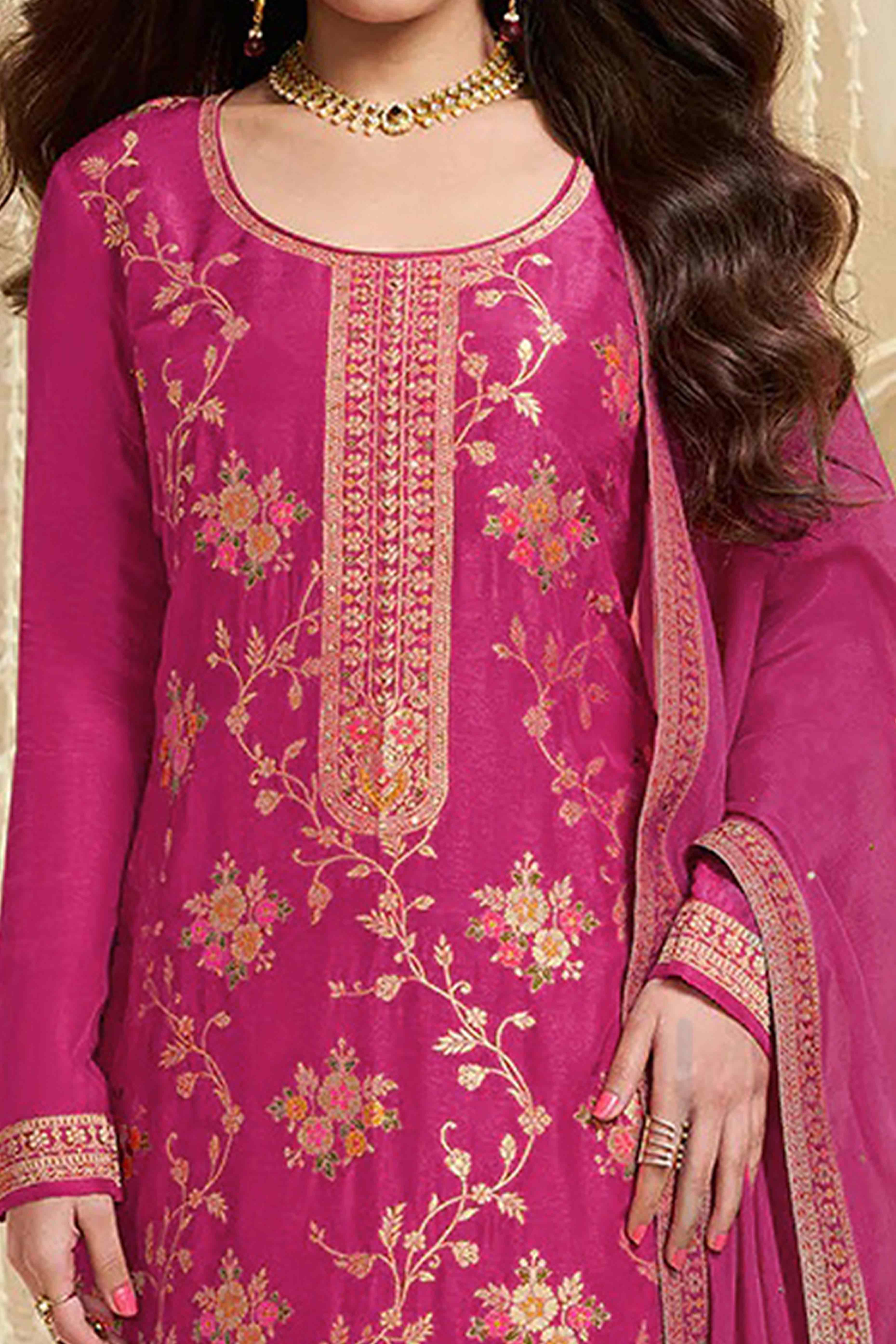 Pink Floral Woven With Embroidered Viscose Semi Stitched Suit