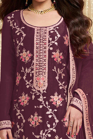 Wine Floral Woven With Embroidered Viscose Semi Stitched Suit