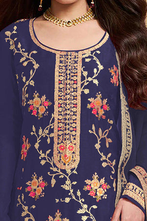 Blue Floral Woven With Embroidered Viscose Semi Stitched Suit