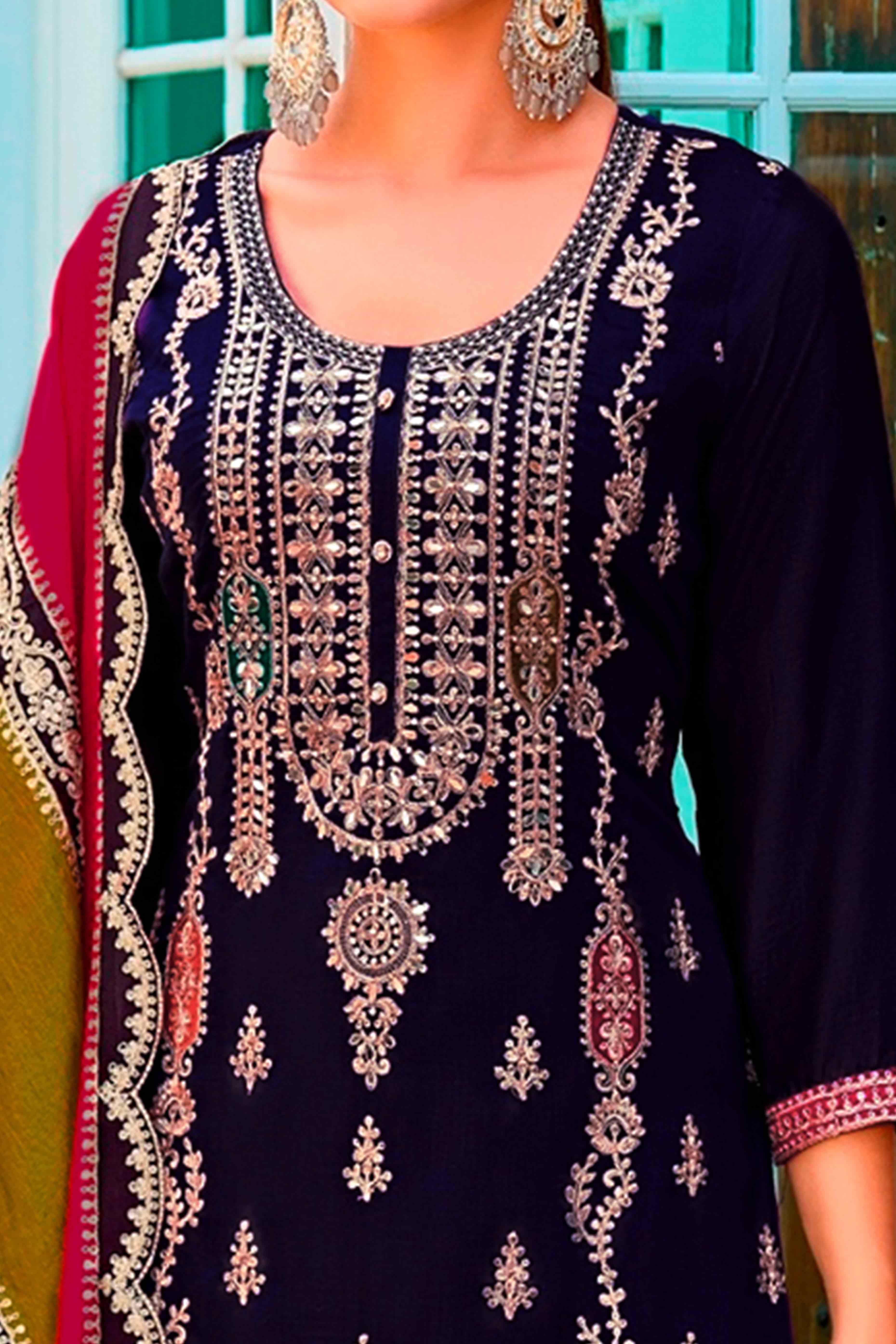 Purple Floral Sequins Embroidered Chinon Semi Stitched Palazzo Suit