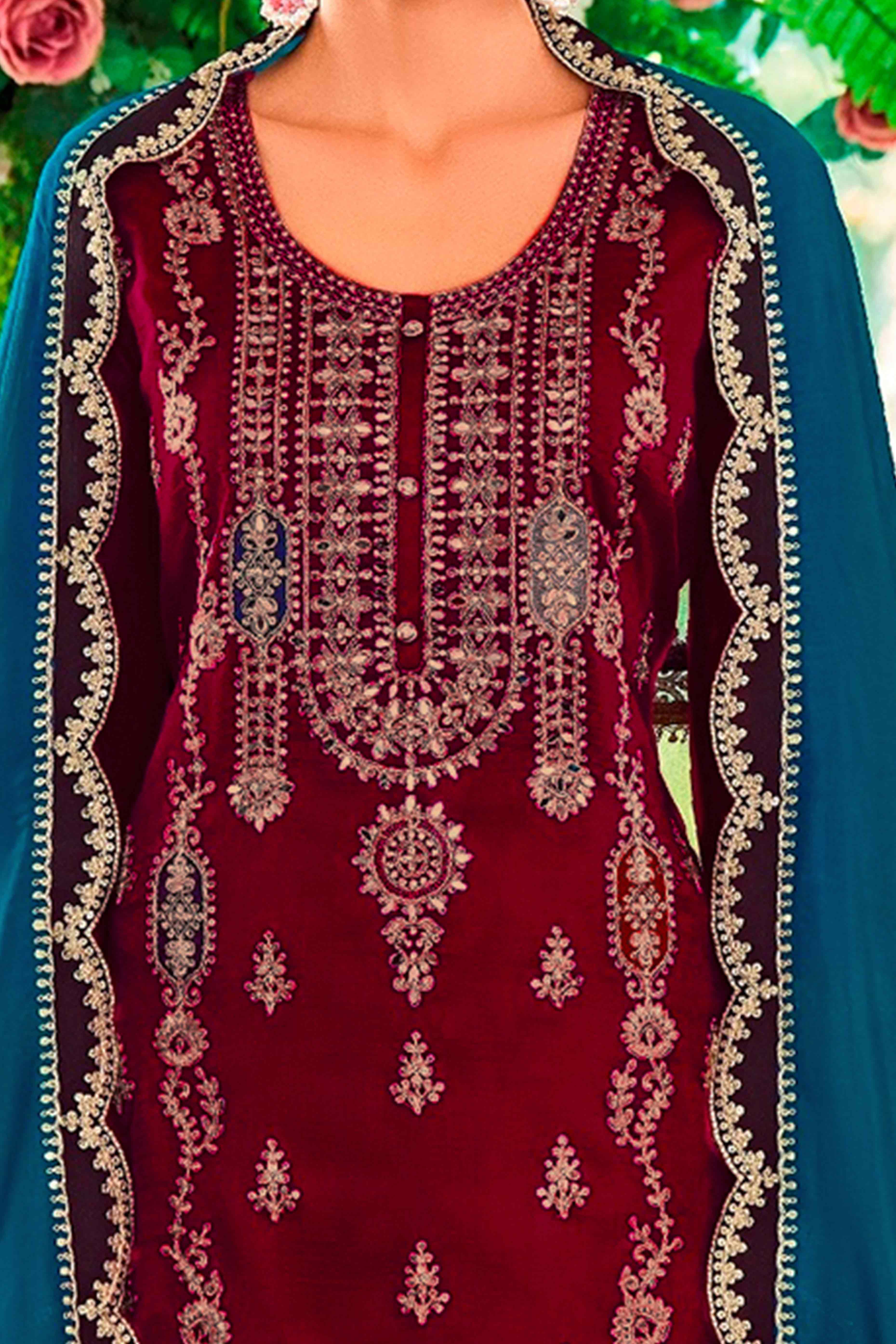 Rani Pink Floral Sequins Embroidered Chinon Semi Stitched Palazzo Suit