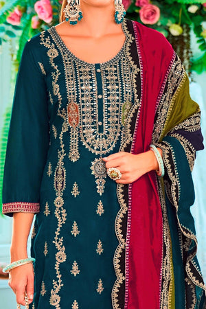 Teal Blue Floral Sequins Embroidered Chinon Semi Stitched Palazzo Suit