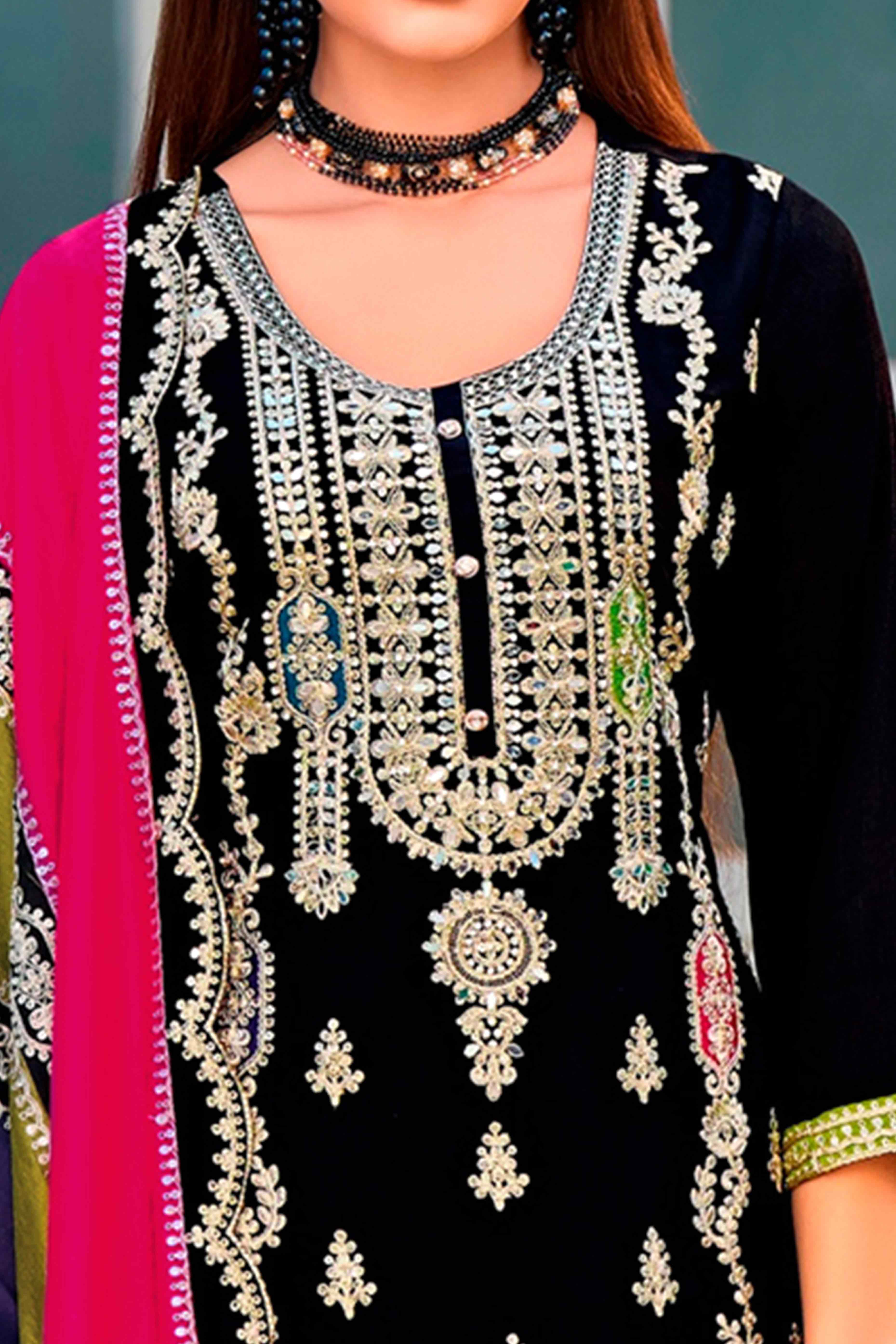 Black Floral Sequins Embroidered Chinon Semi Stitched Palazzo Suit