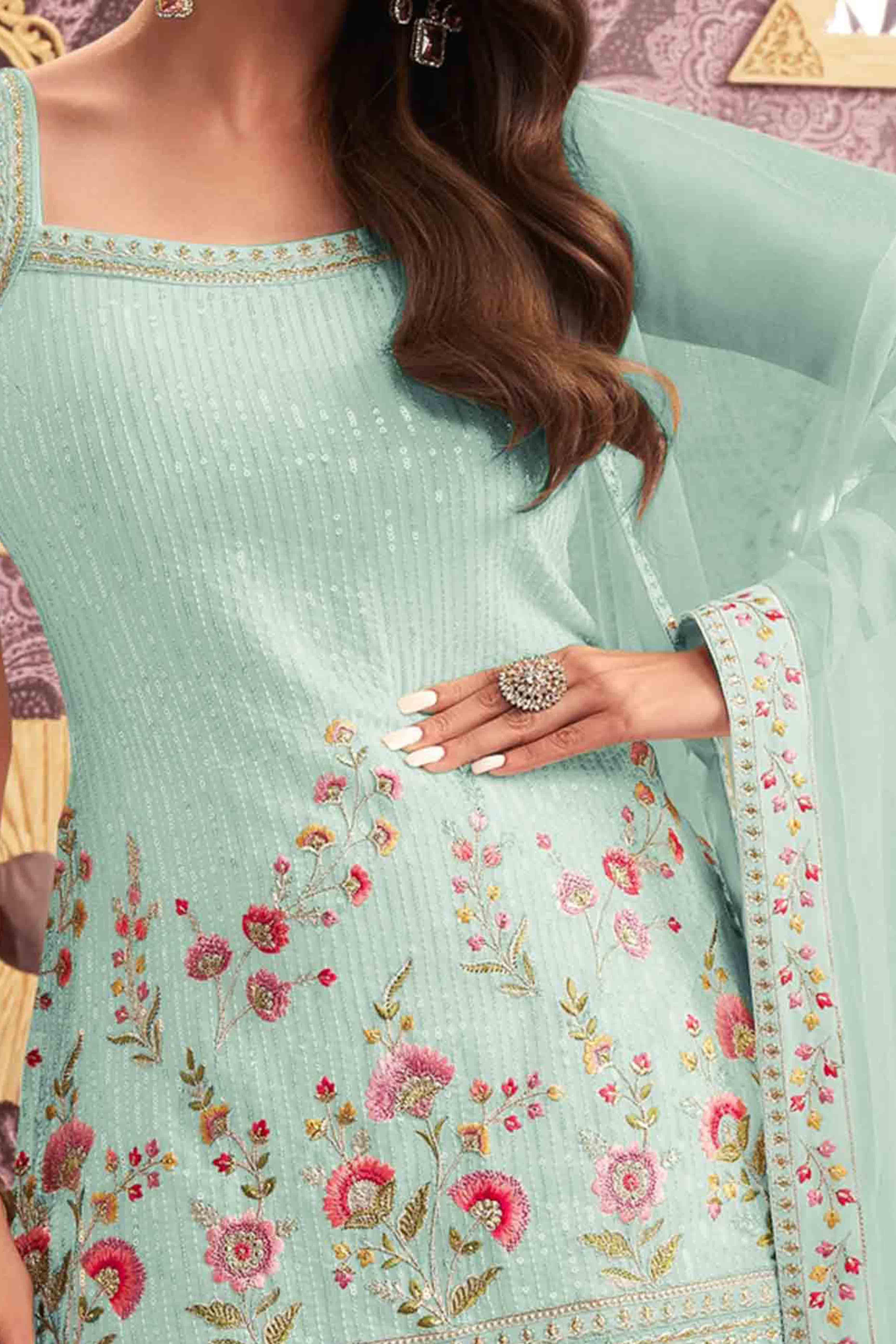 Light Sea Green Floral Sequins Embroidery Georgette Semi Stitched Pakistani Suit