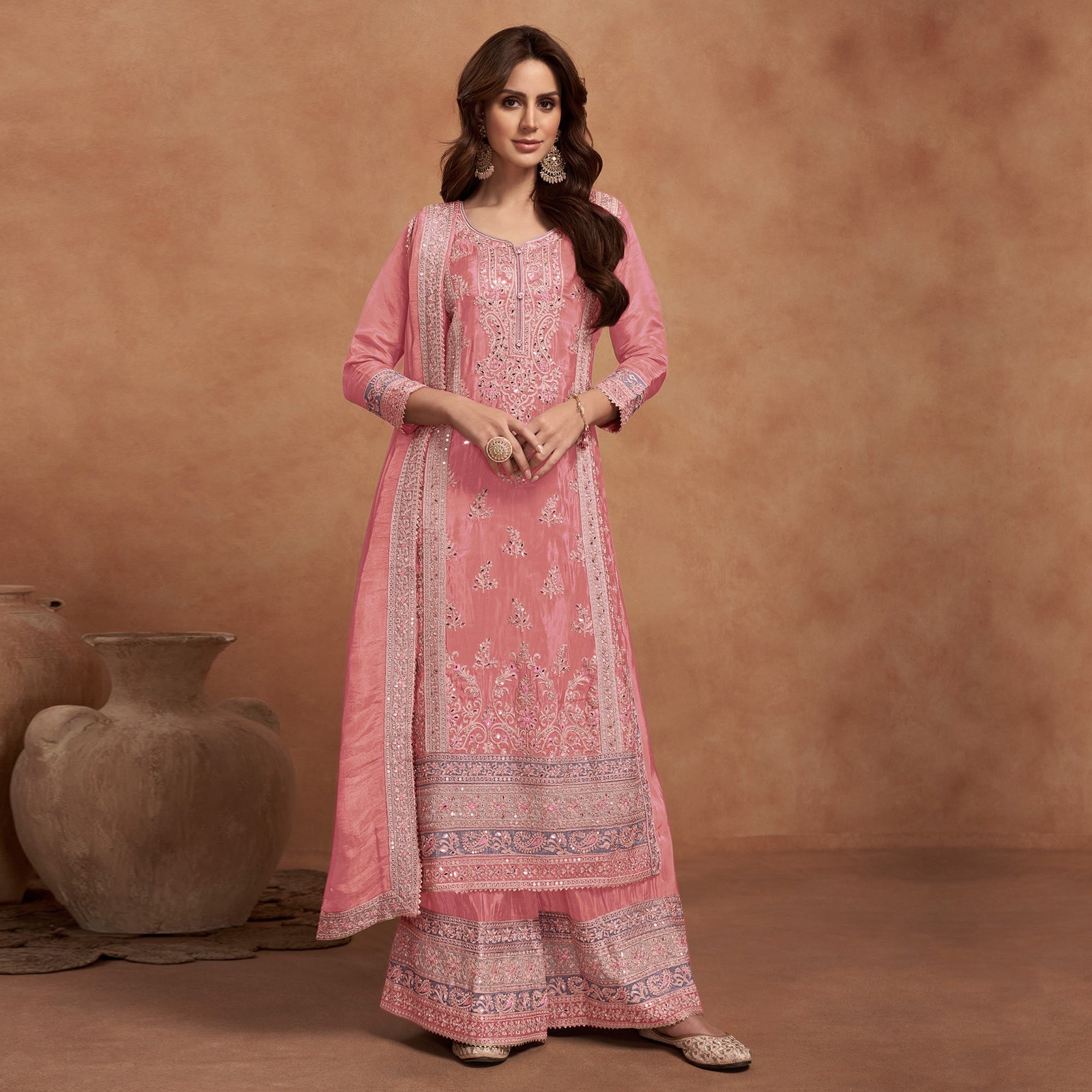 Peach Floral Sequins Embroidered Vichitra Silk Semi Stitched Palazzo Suit