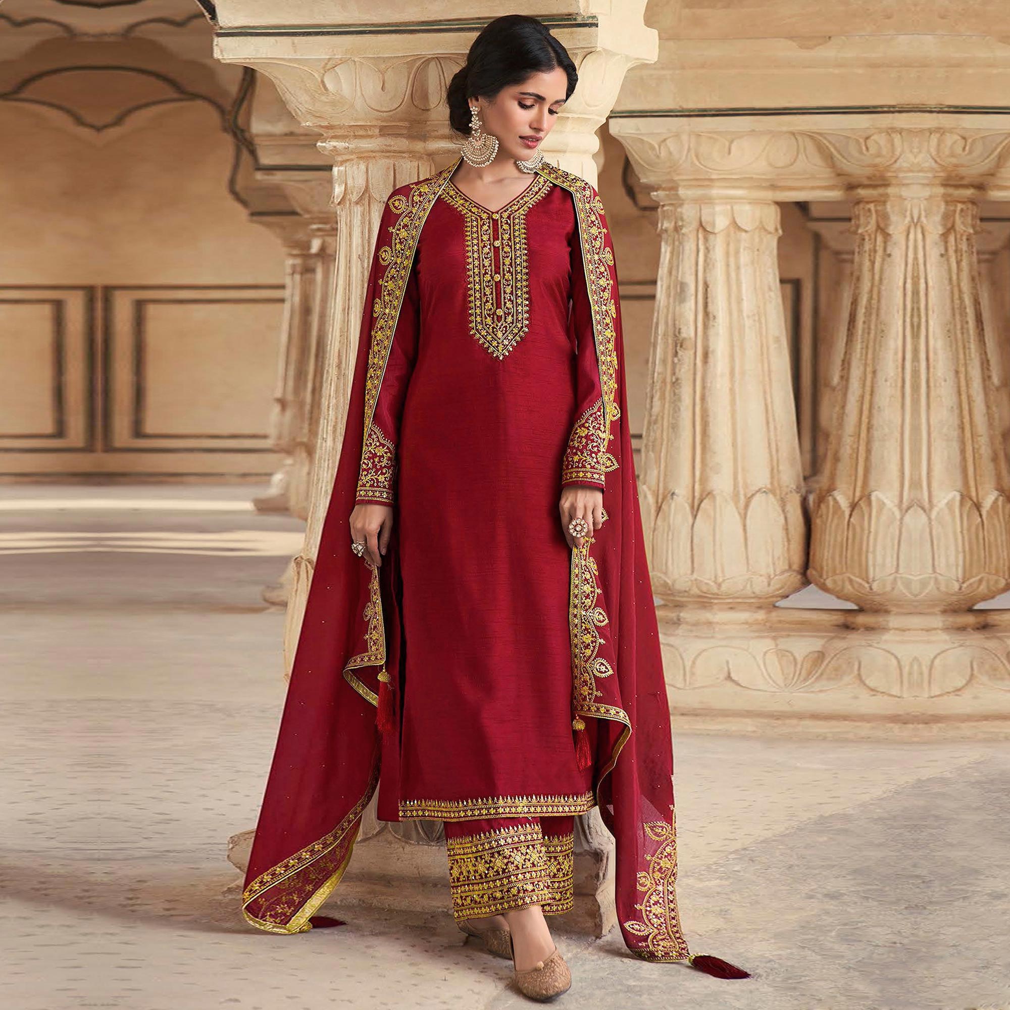 Maroon Floral Sequins Embroidered Dola Silk Palazzo Suit