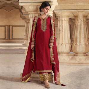 Maroon Floral Sequins Embroidered Dola Silk Palazzo Suit