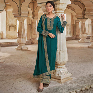 Aqua Blue Floral Sequins Embroidered Dola Silk Palazzo Suit
