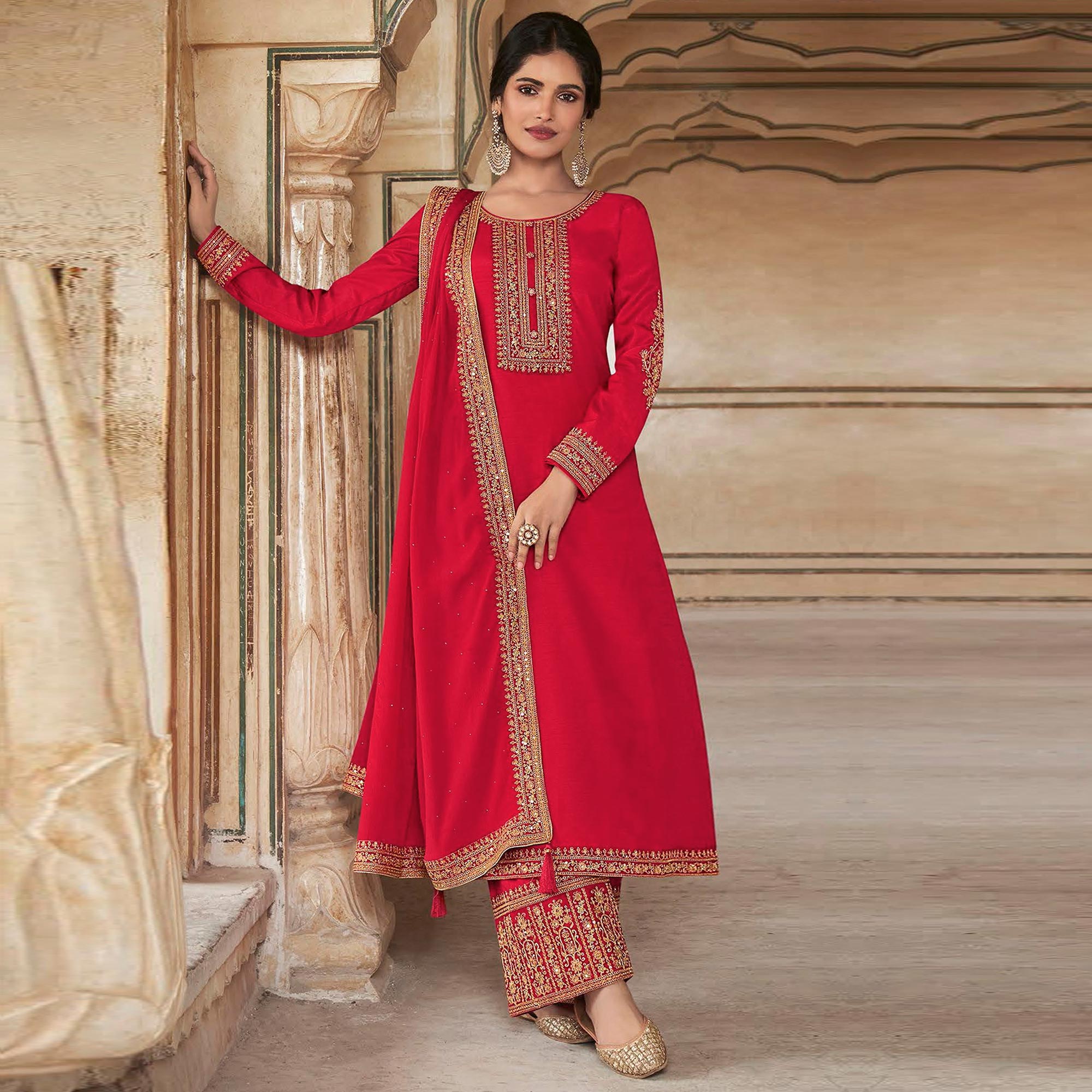 Pink Floral Sequins Embroidered Dola Silk Palazzo Suit