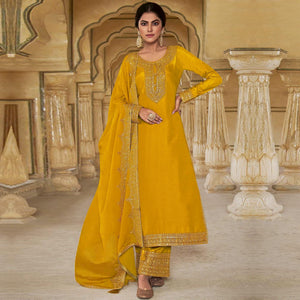 Yellow Floral Sequins Embroidered Dola Silk Palazzo Suit