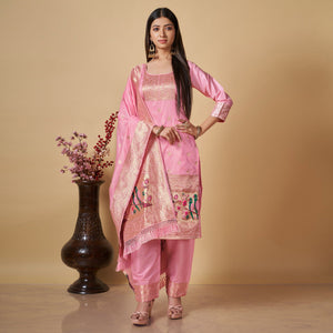Baby Pink Floral Woven Banarasi Silk Paithani Dress Material