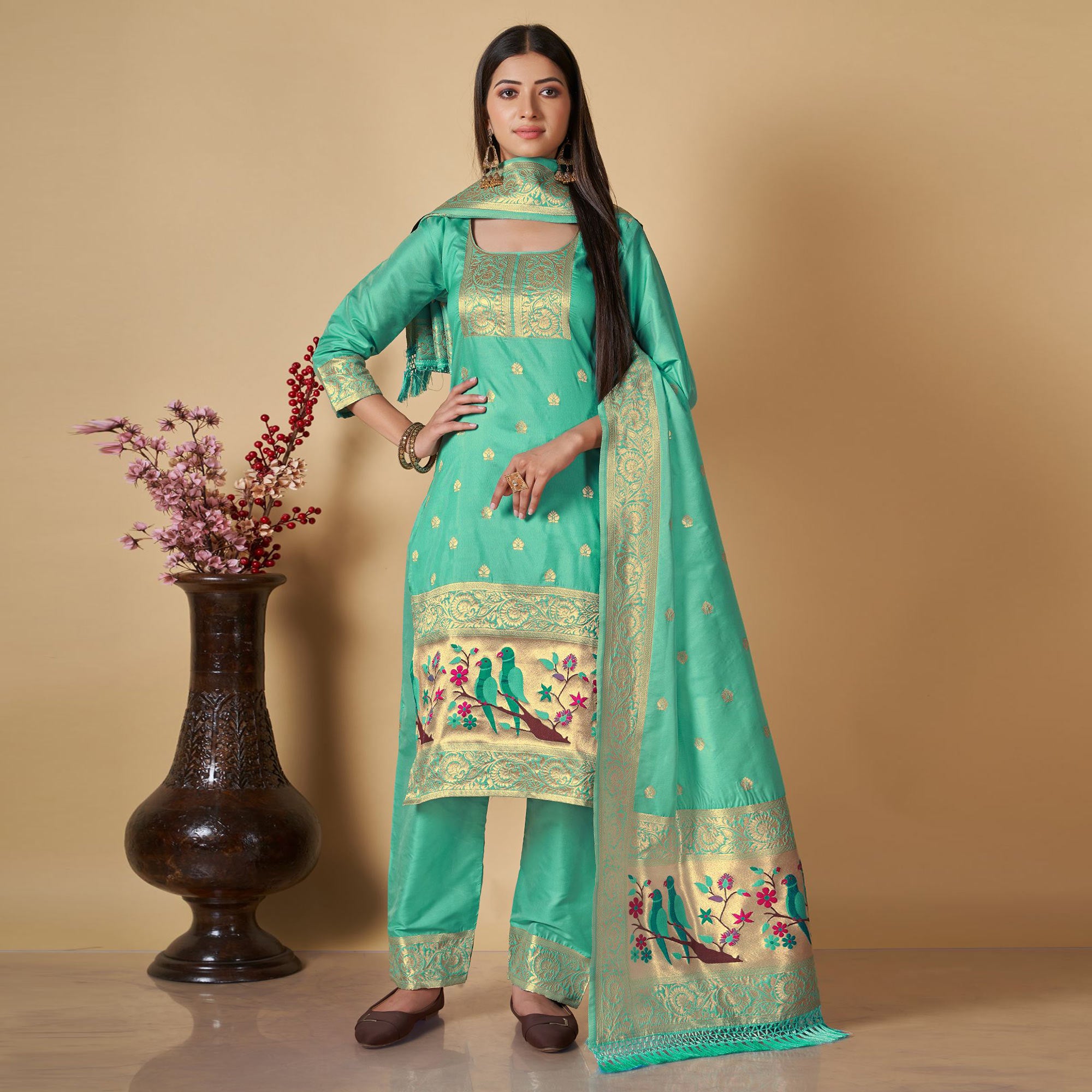 Sea Green Floral Woven Banarasi Silk Paithani Dress Material