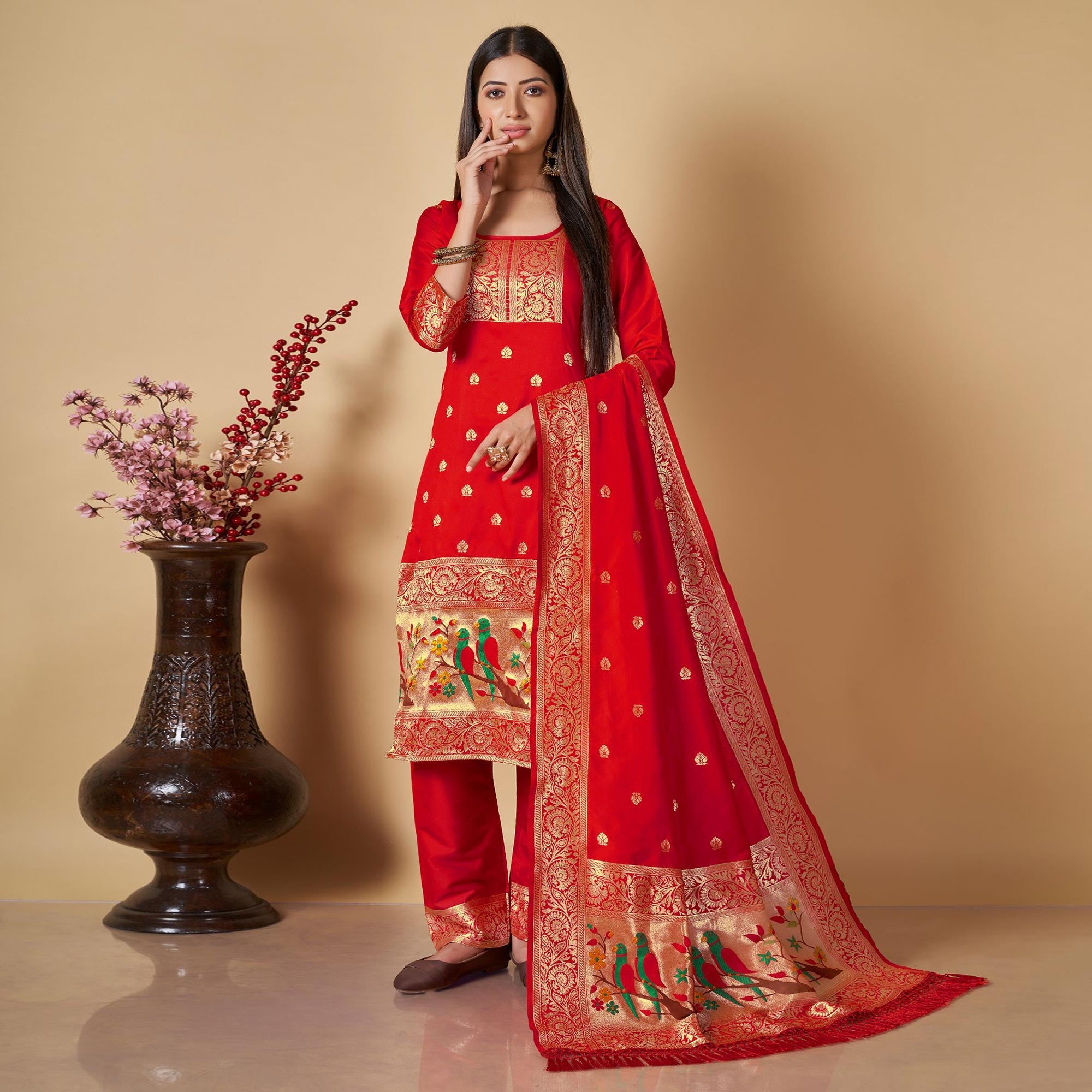 Red Floral Woven Banarasi Silk Paithani Dress Material