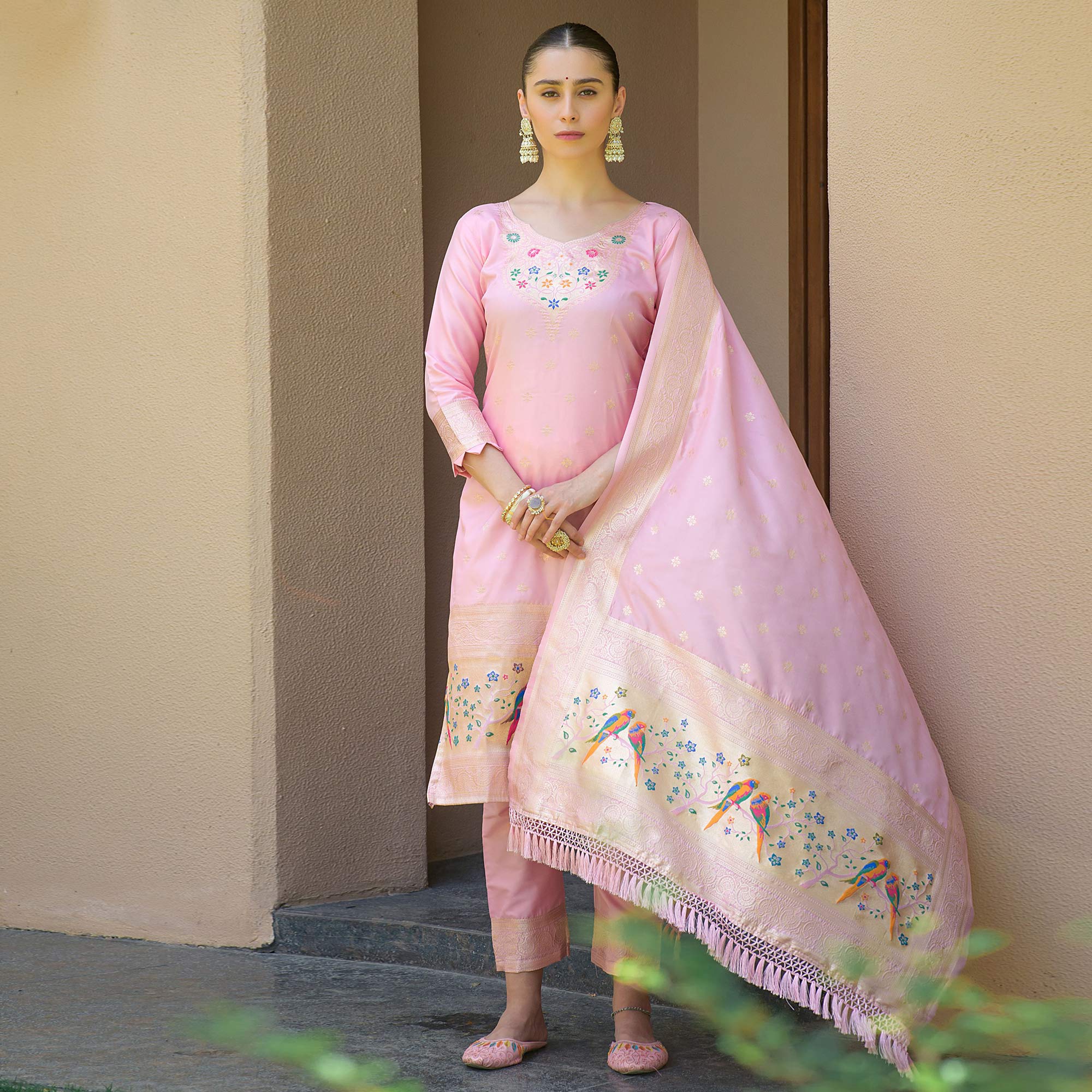 Baby Pink Floral Woven Banarasi Silk Paithani Dress Material