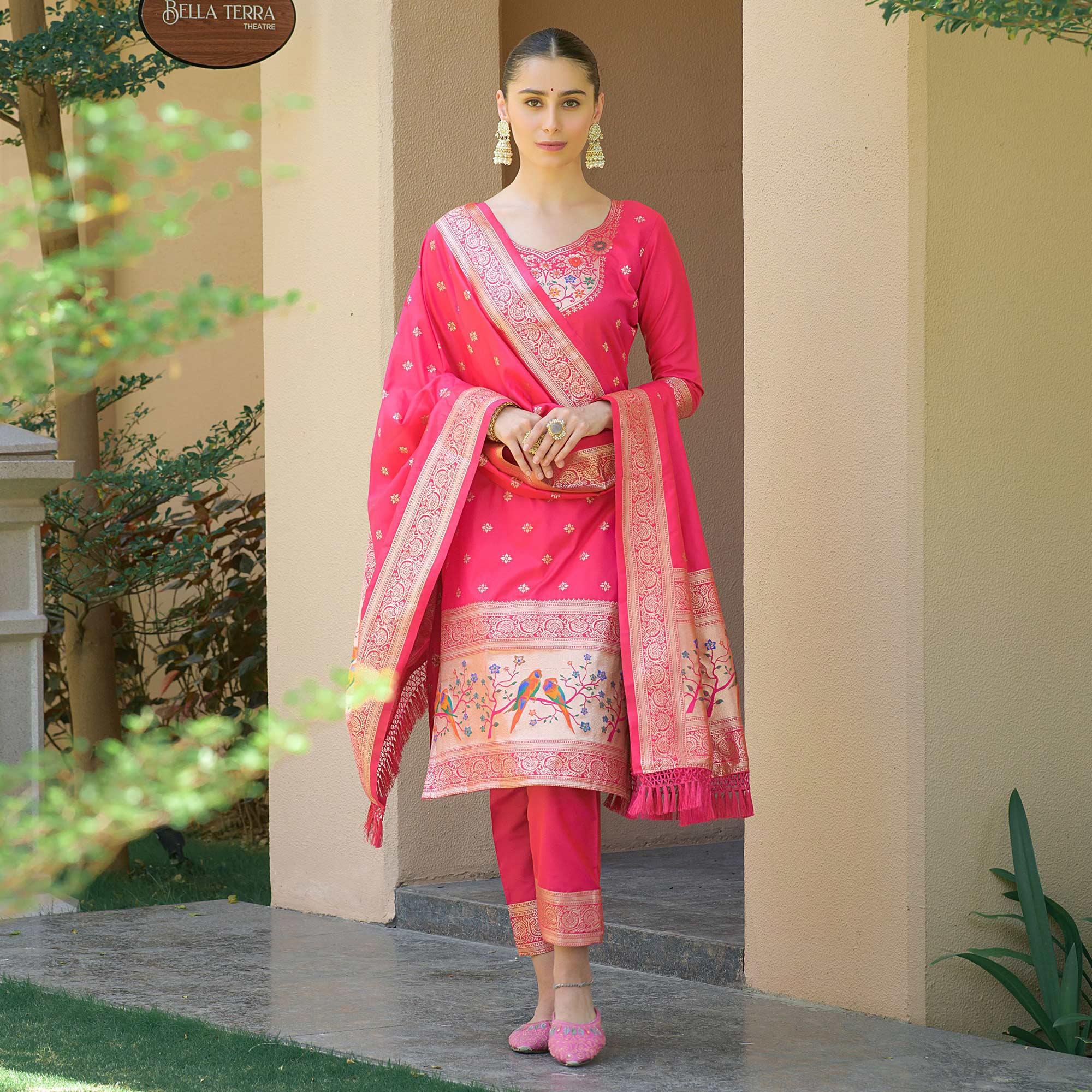 Pink Floral Woven Banarasi Silk Paithani Dress Material