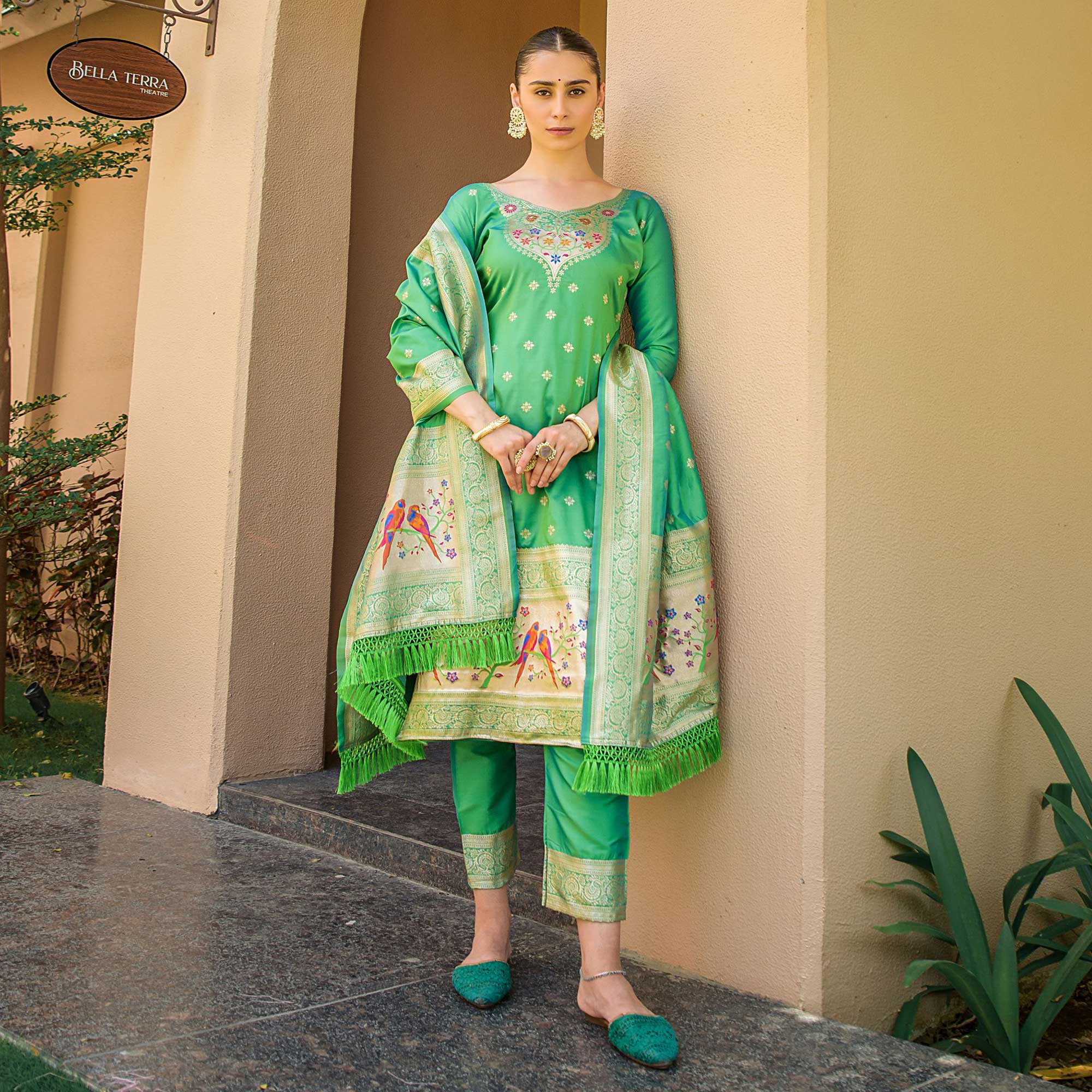Green Floral Woven Banarasi Silk Paithani Dress Material