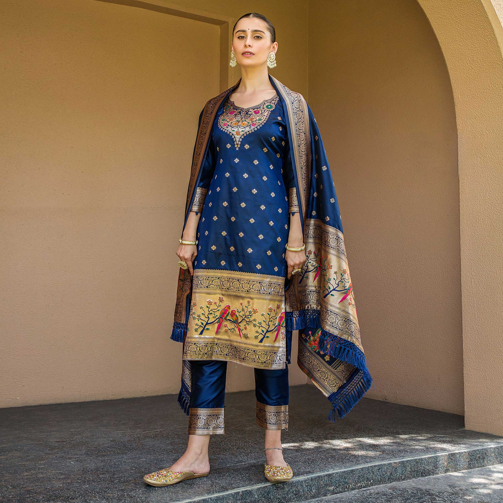Navy Blue Floral Woven Banarasi Silk Paithani Dress Material