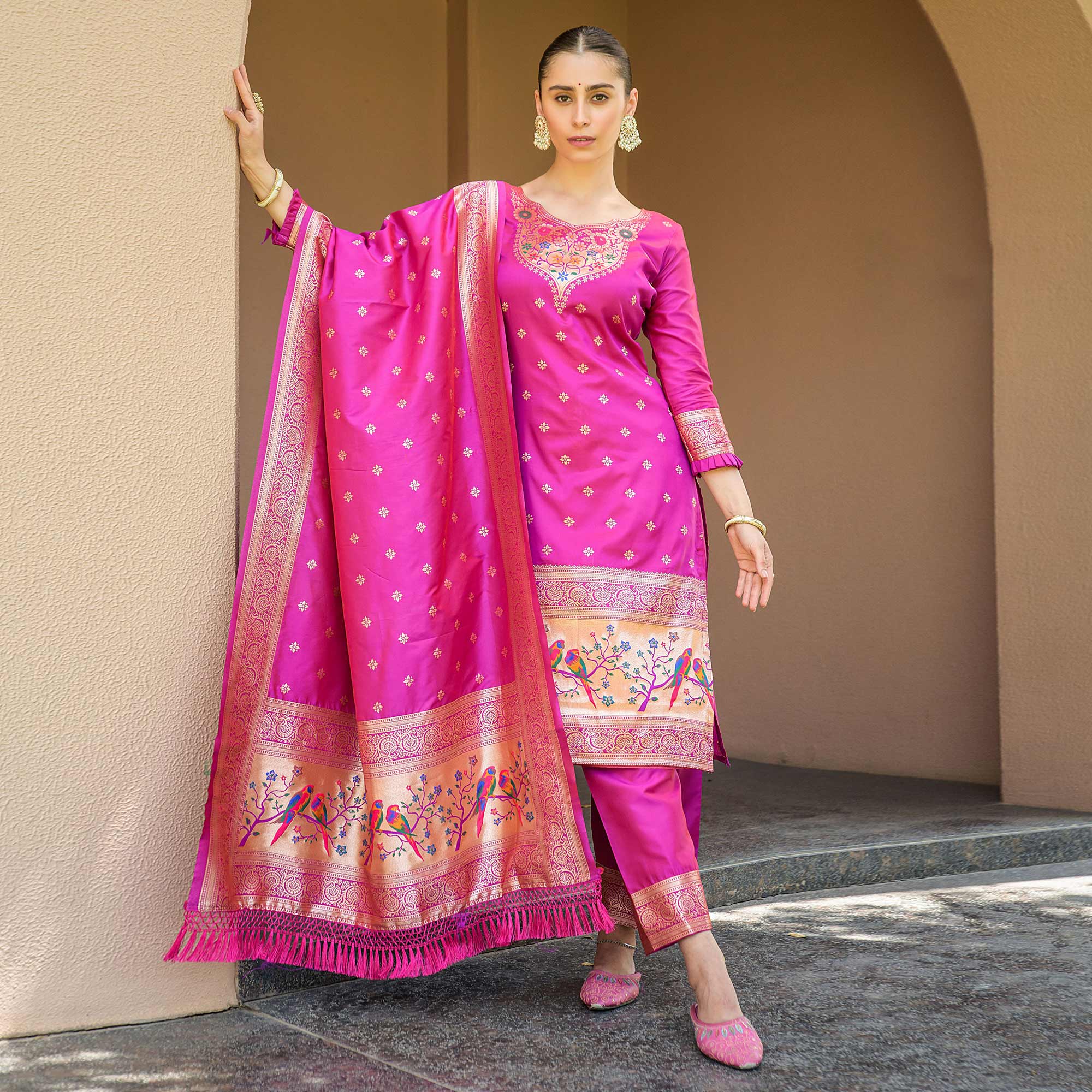 Rani Pink Floral Woven Banarasi Silk Paithani Dress Material