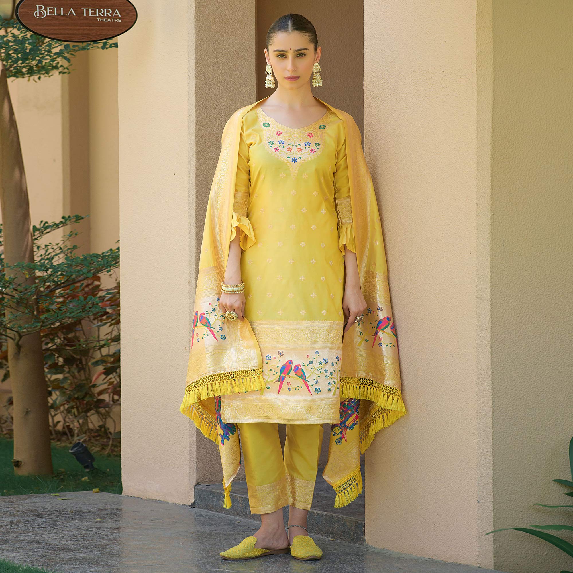 Yellow Floral Woven Banarasi Silk Paithani Dress Material