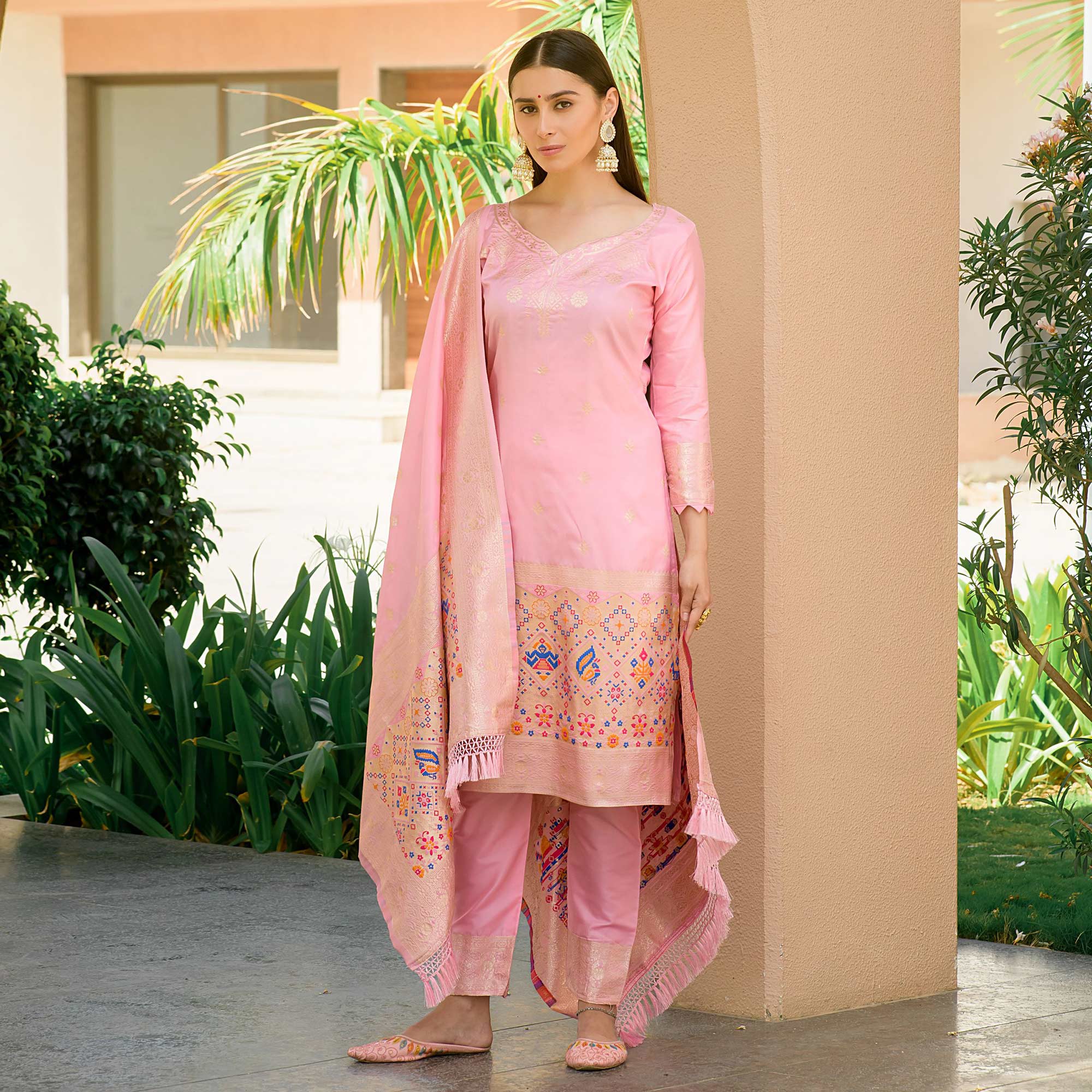 Baby Pink Floral Woven Banarasi Silk Paithani Dress Material