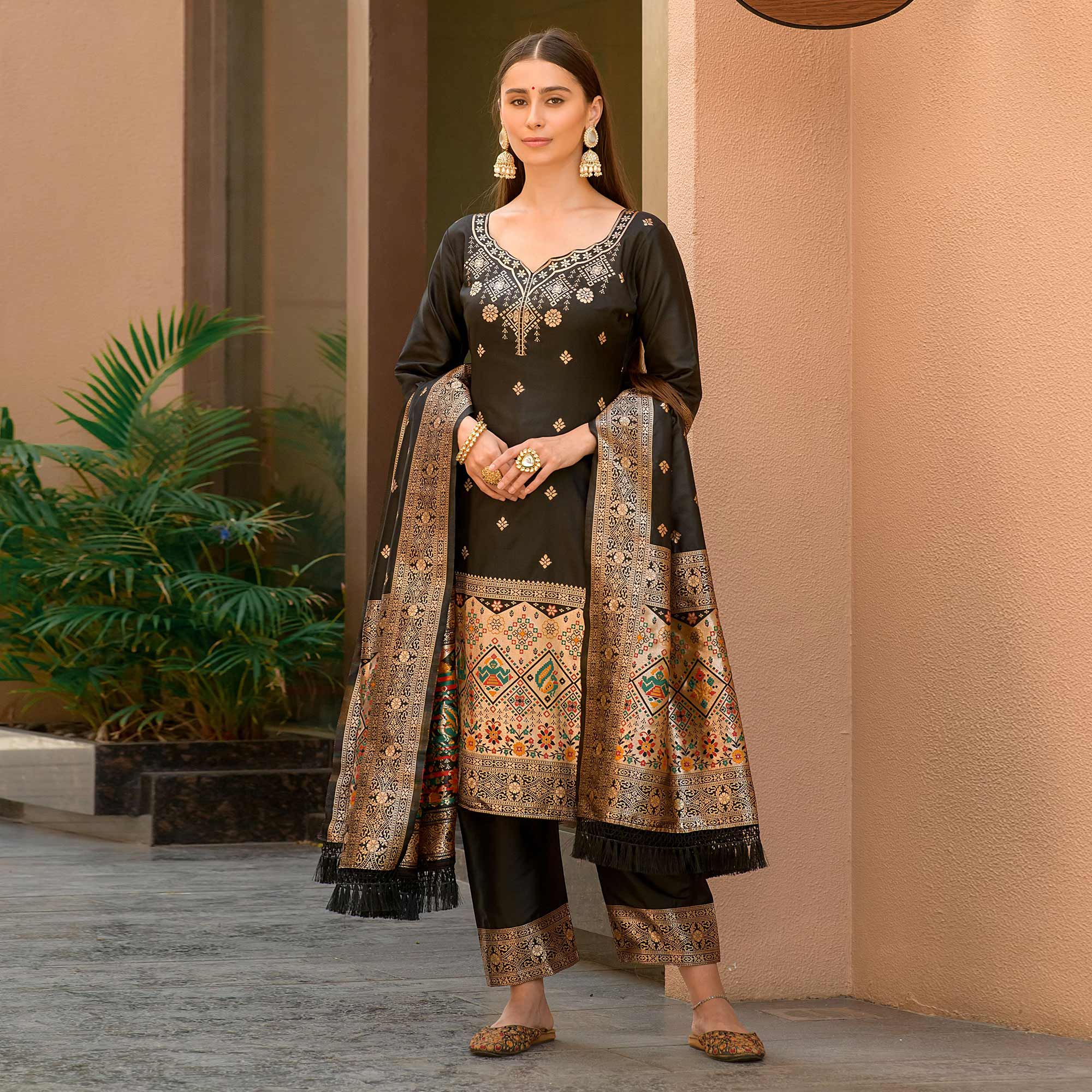 Black Floral Woven Banarasi Silk Paithani Dress Material