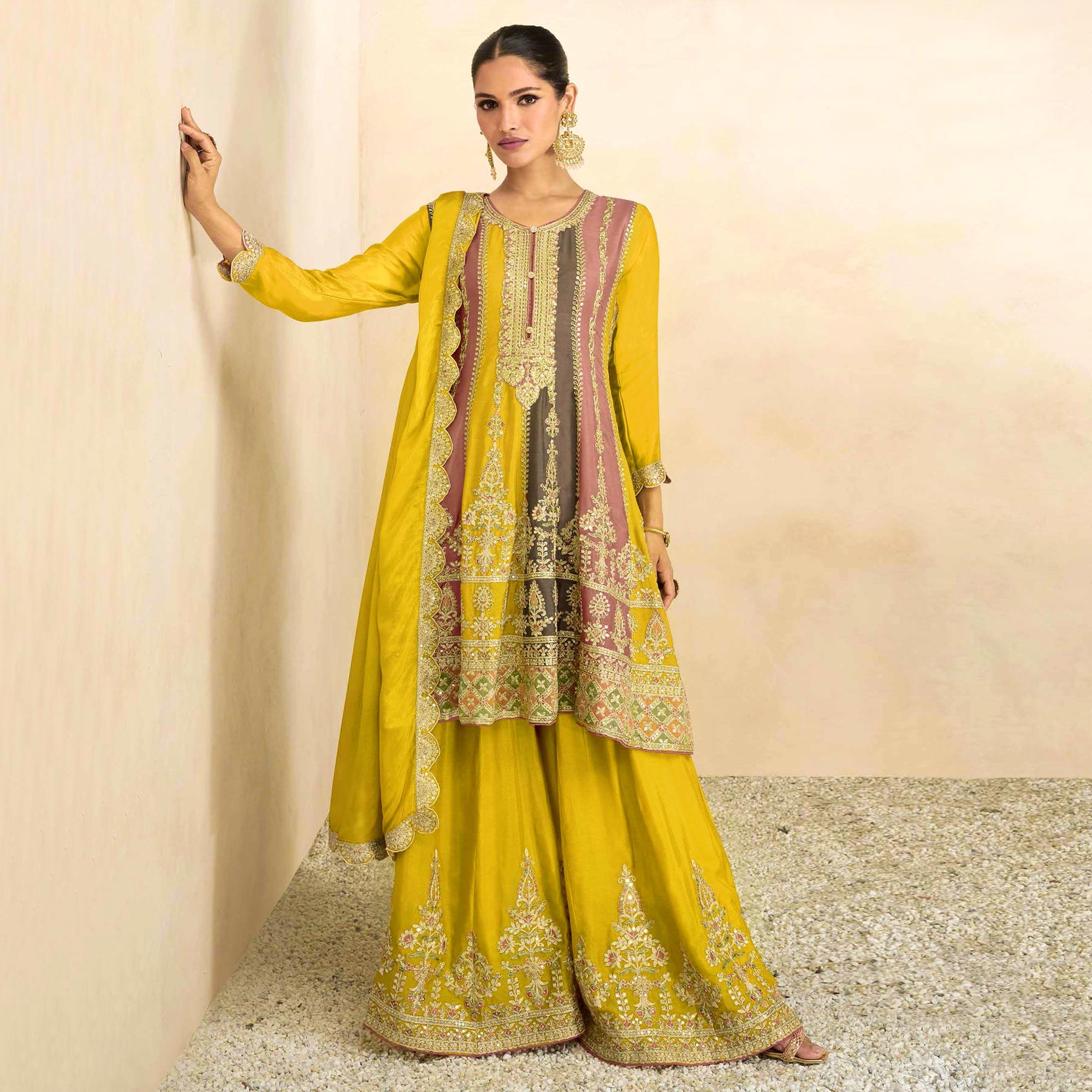 Yellow Sequins Embroidered Chinon Semi Stitched Sharara Suit