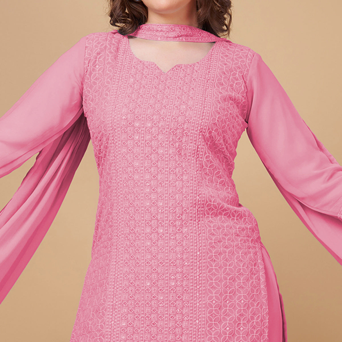 Pink Embroidered Georgette Kurti Sharara Suit