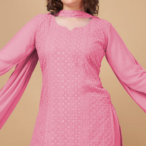 Pink Embroidered Georgette Kurti Sharara Suit
