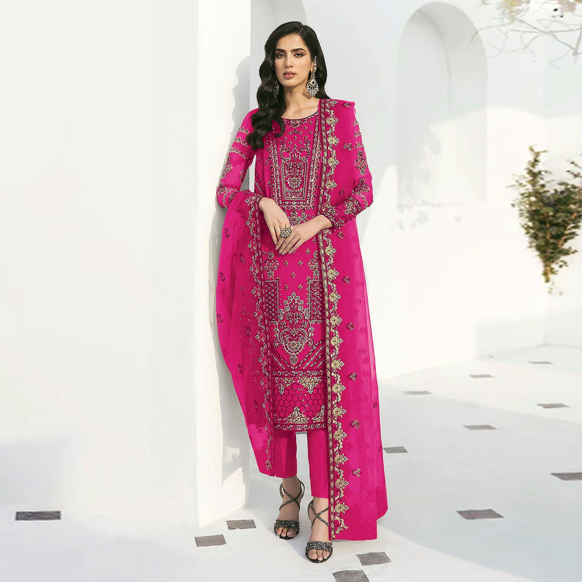 Pink Floral Embroidered Georgette Semi Stitched Pakistani Suit
