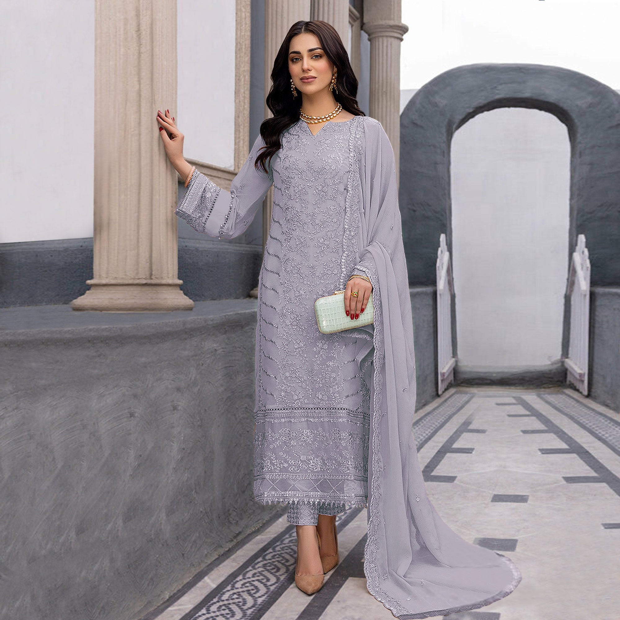 Violet Floral Embroidered Georgette Semi Stitched Suit