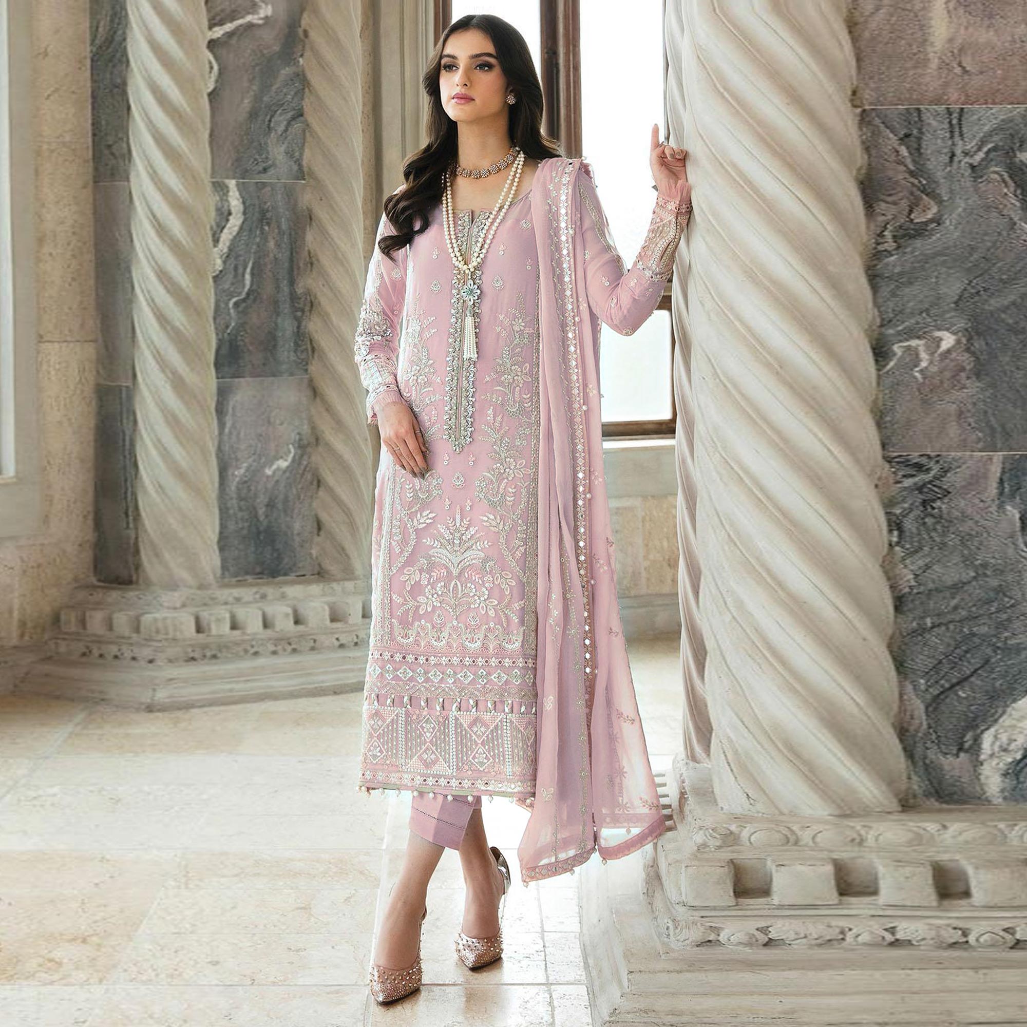 Pink Floral Sequins Embroidered Georgette Semi Stitched Suit