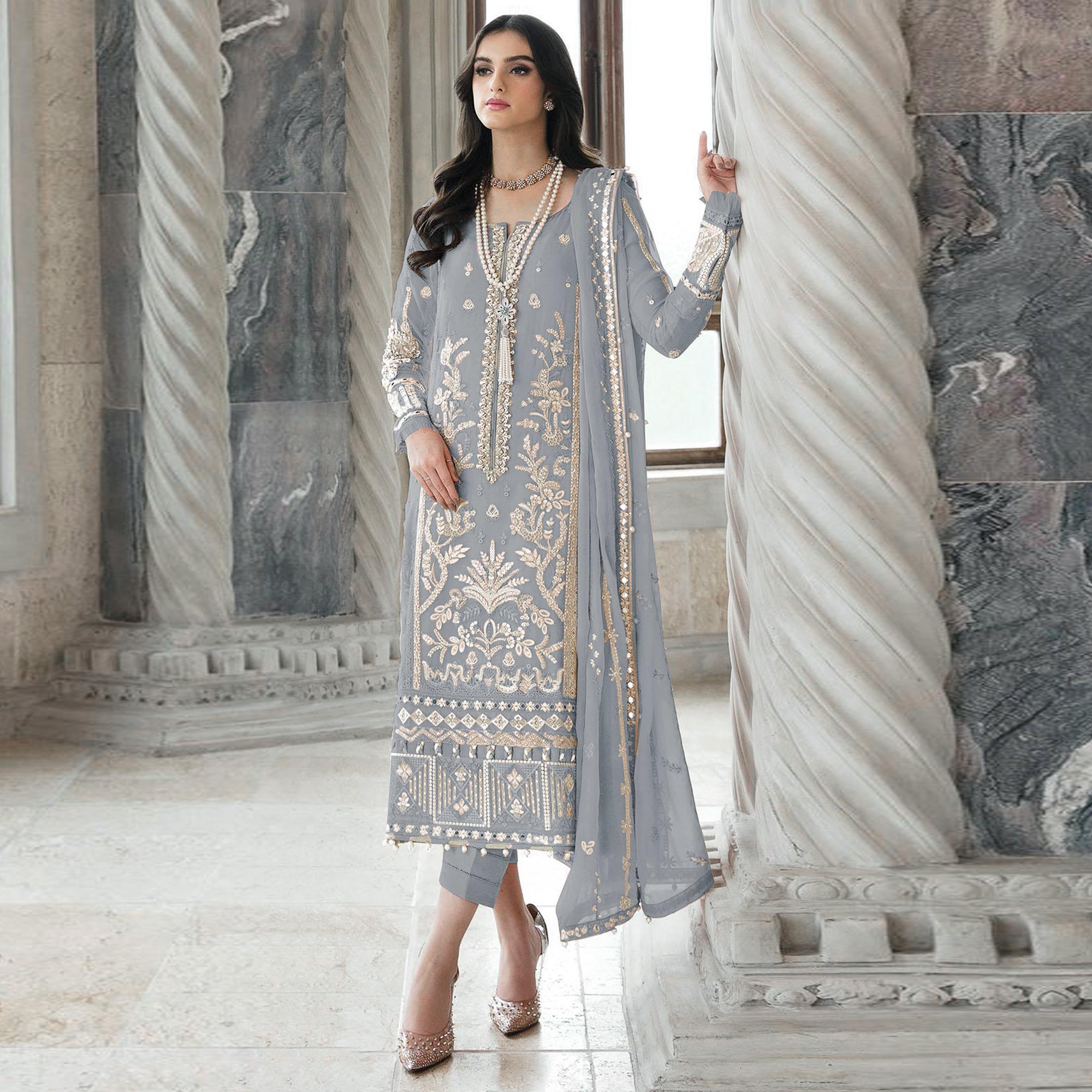 Grey Floral Sequins Embroidered Georgette Semi Stitched Suit